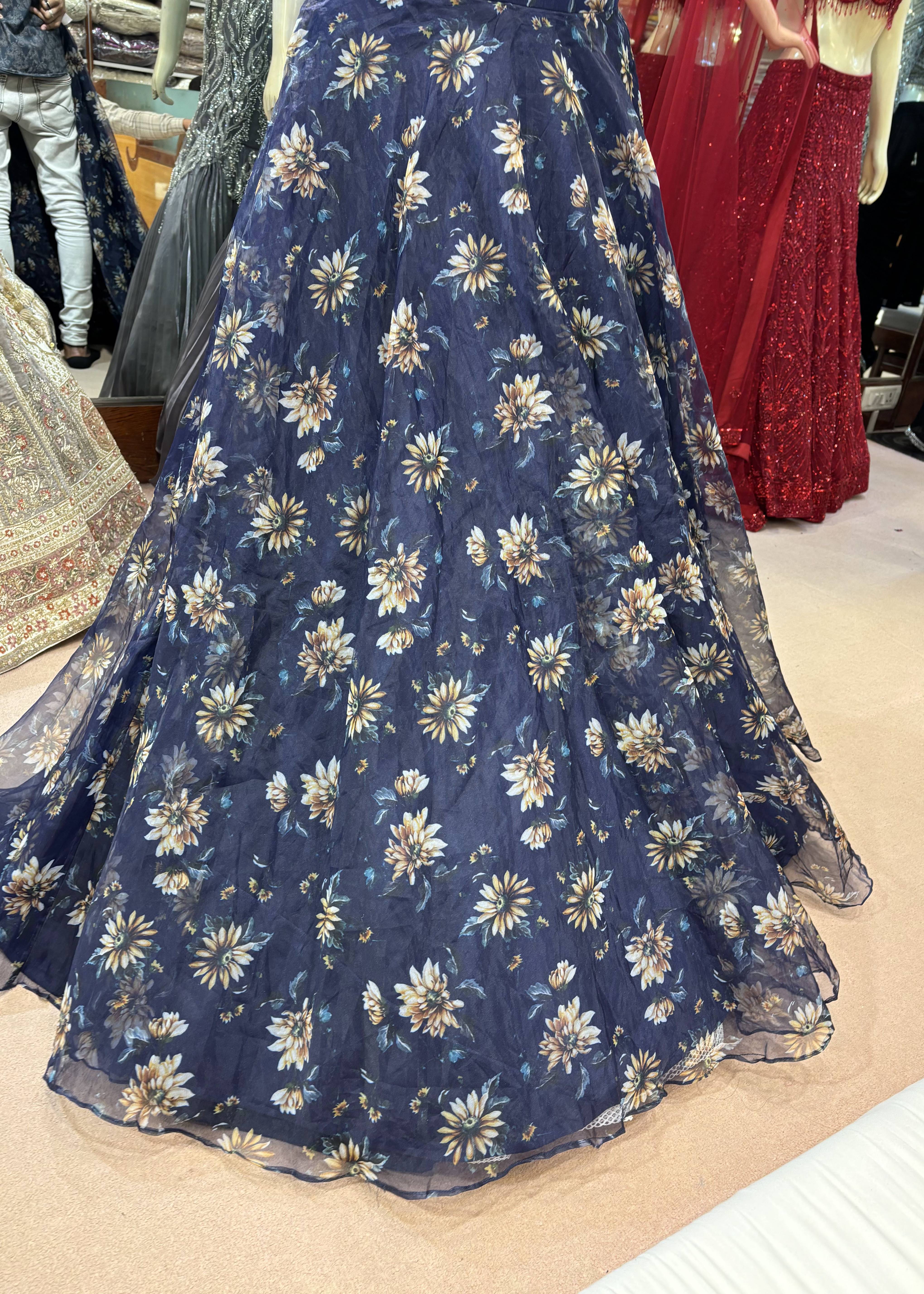 Navy Floral Lehenga Image - 2