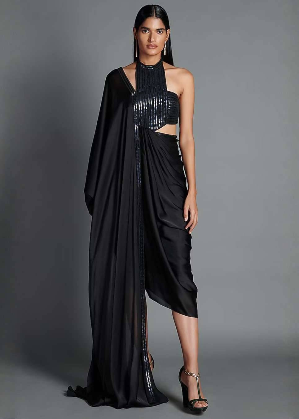 Black Draped Metallic Dress Image - 0
