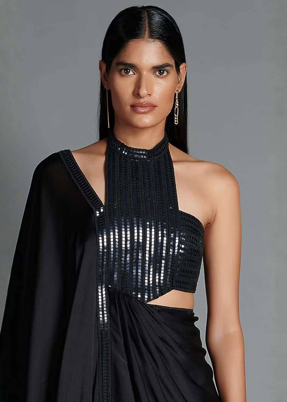 Black Draped Metallic Dress Image - 2