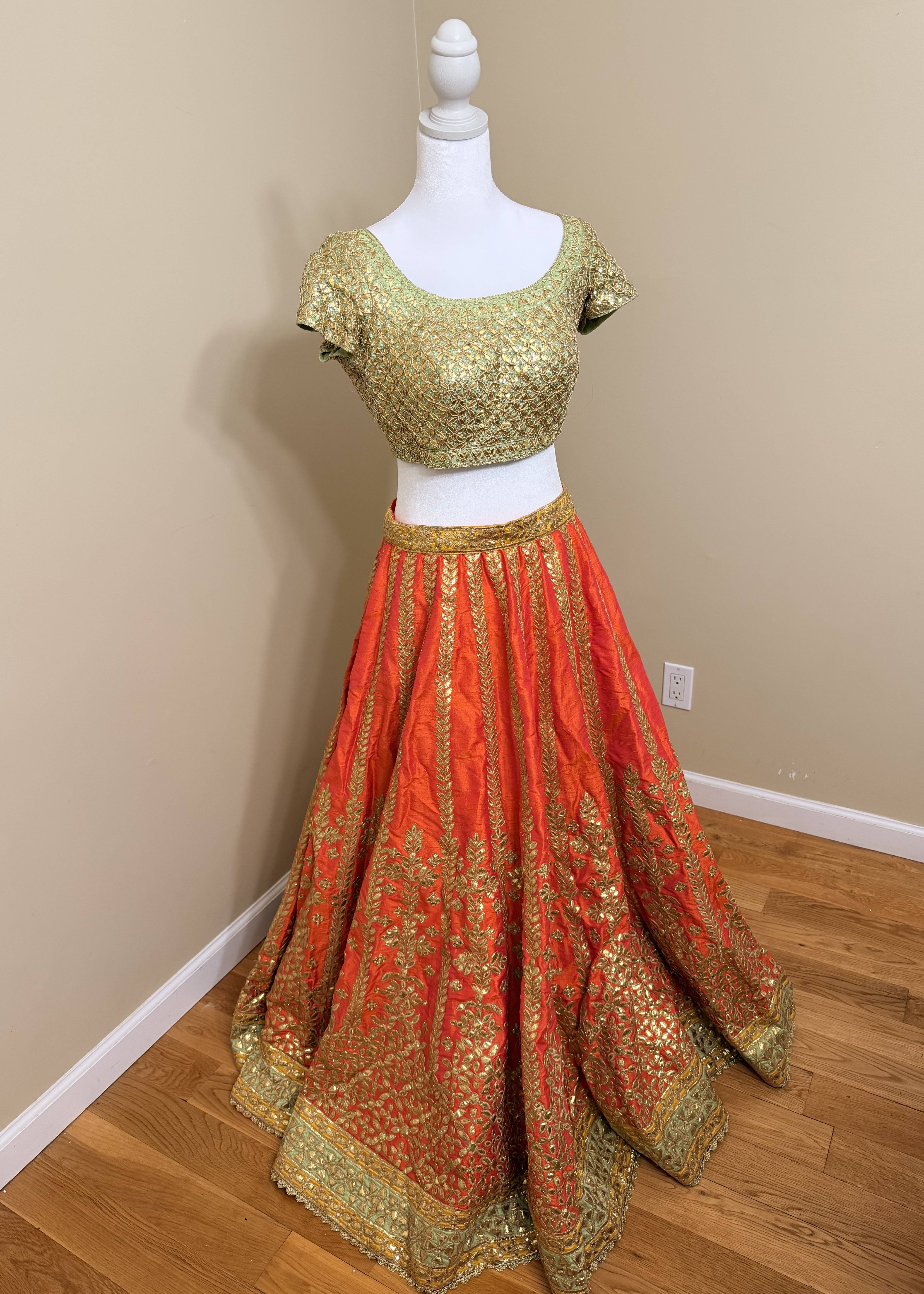 Mint Green and Orange Lehenga Image - 1