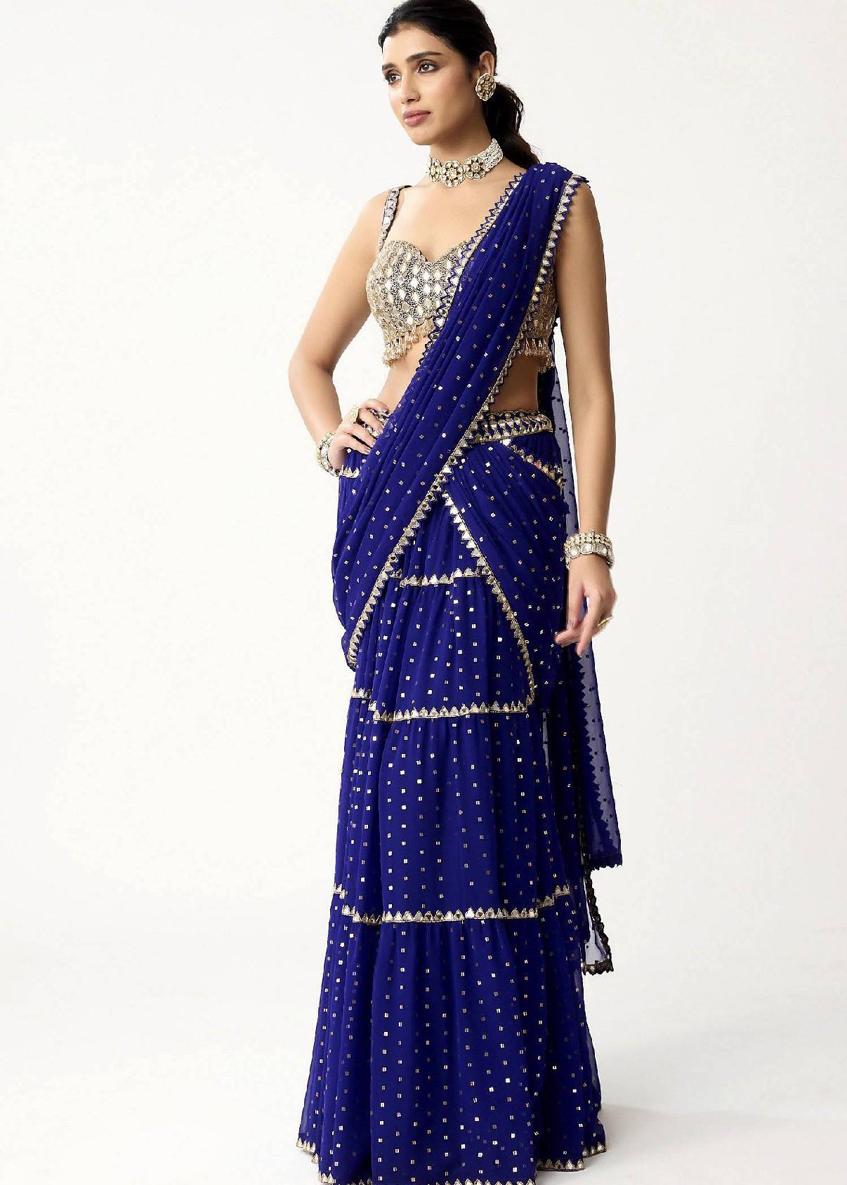 Persian Blue Multi-Tier Mirror Pre-Drape Sari Image - 3
