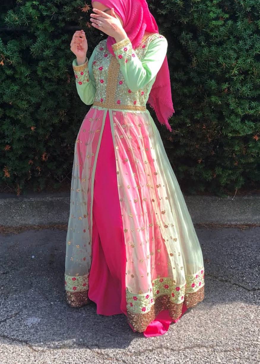 Mint Green and Pink Anarkali Set Image - 0