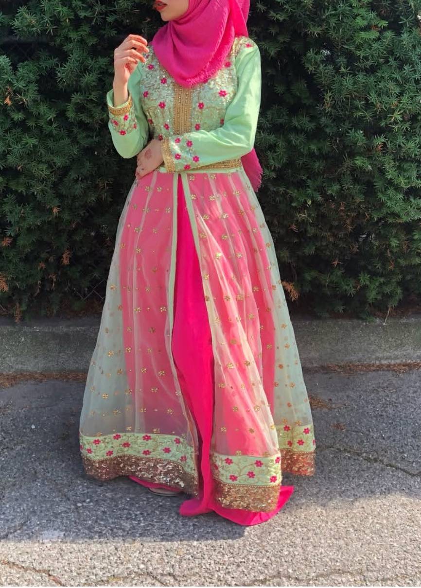 Mint Green and Pink Anarkali Set Image - 1