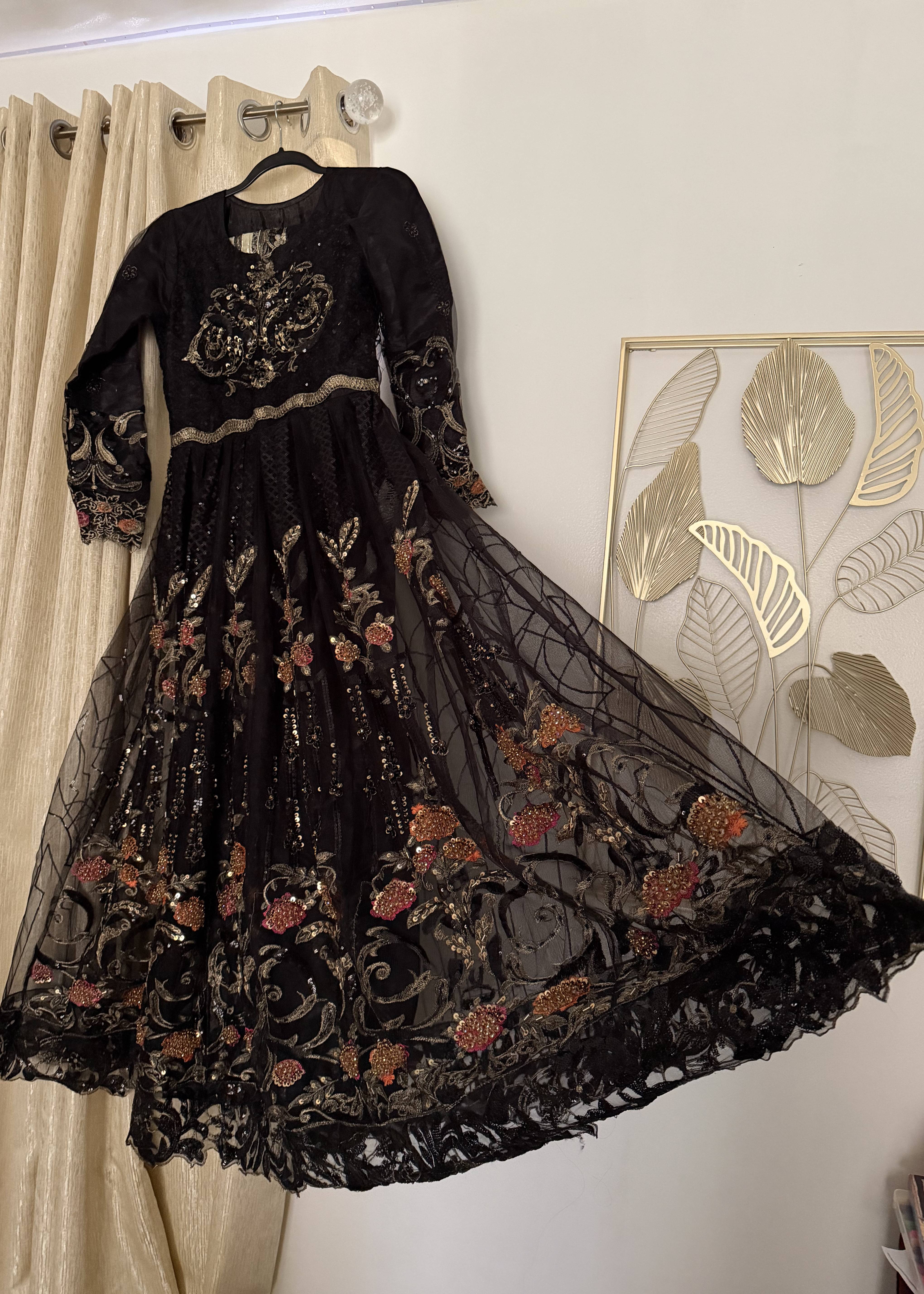 Black Embroidered Anarkali Set Image - 2