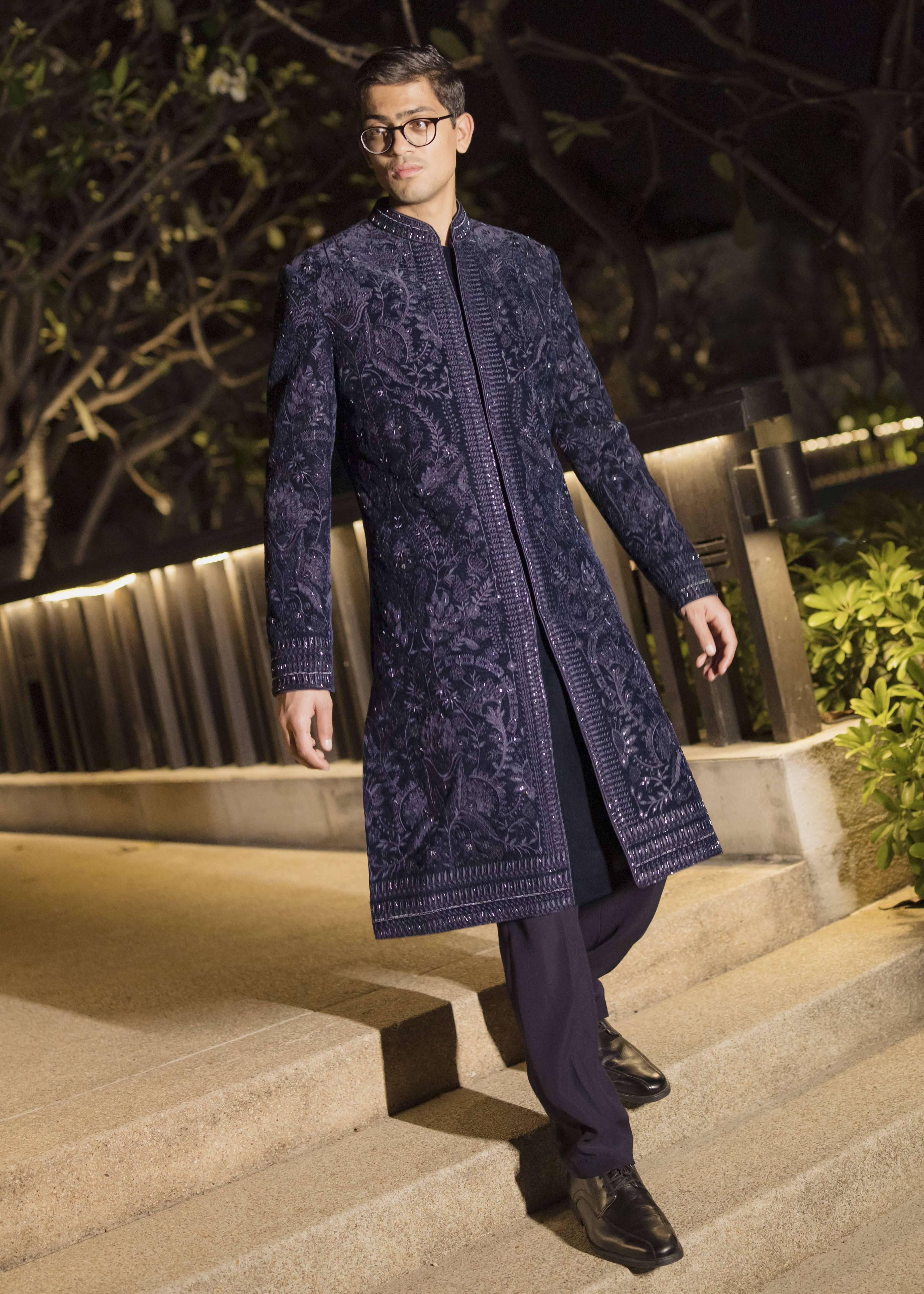 Navy Blue Tone-on-Tone Embellished Sherwani Image - 0