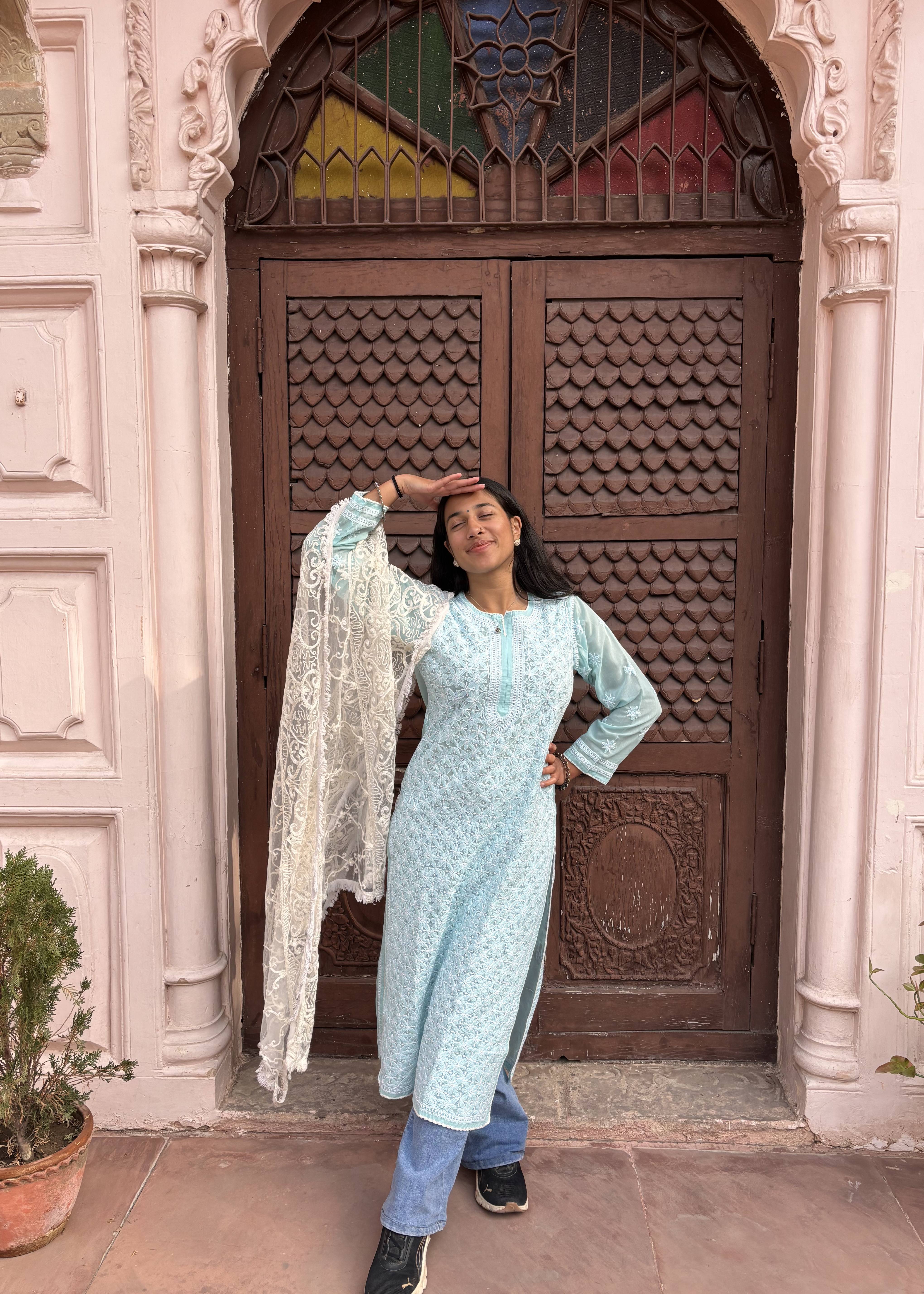 Light Blue Chikankari Kurta Set Image - 1