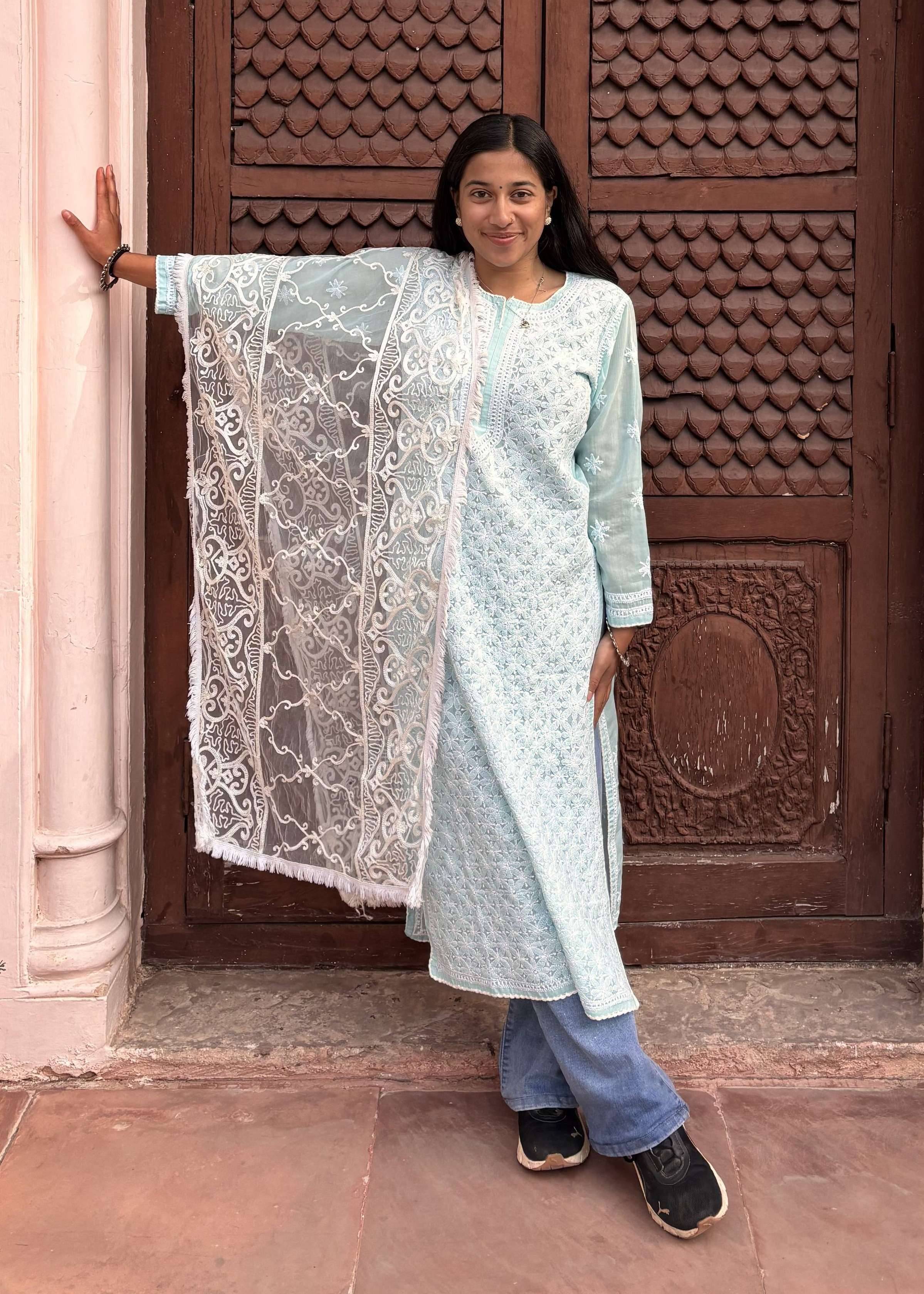 Light Blue Chikankari Kurta Set Image - 0
