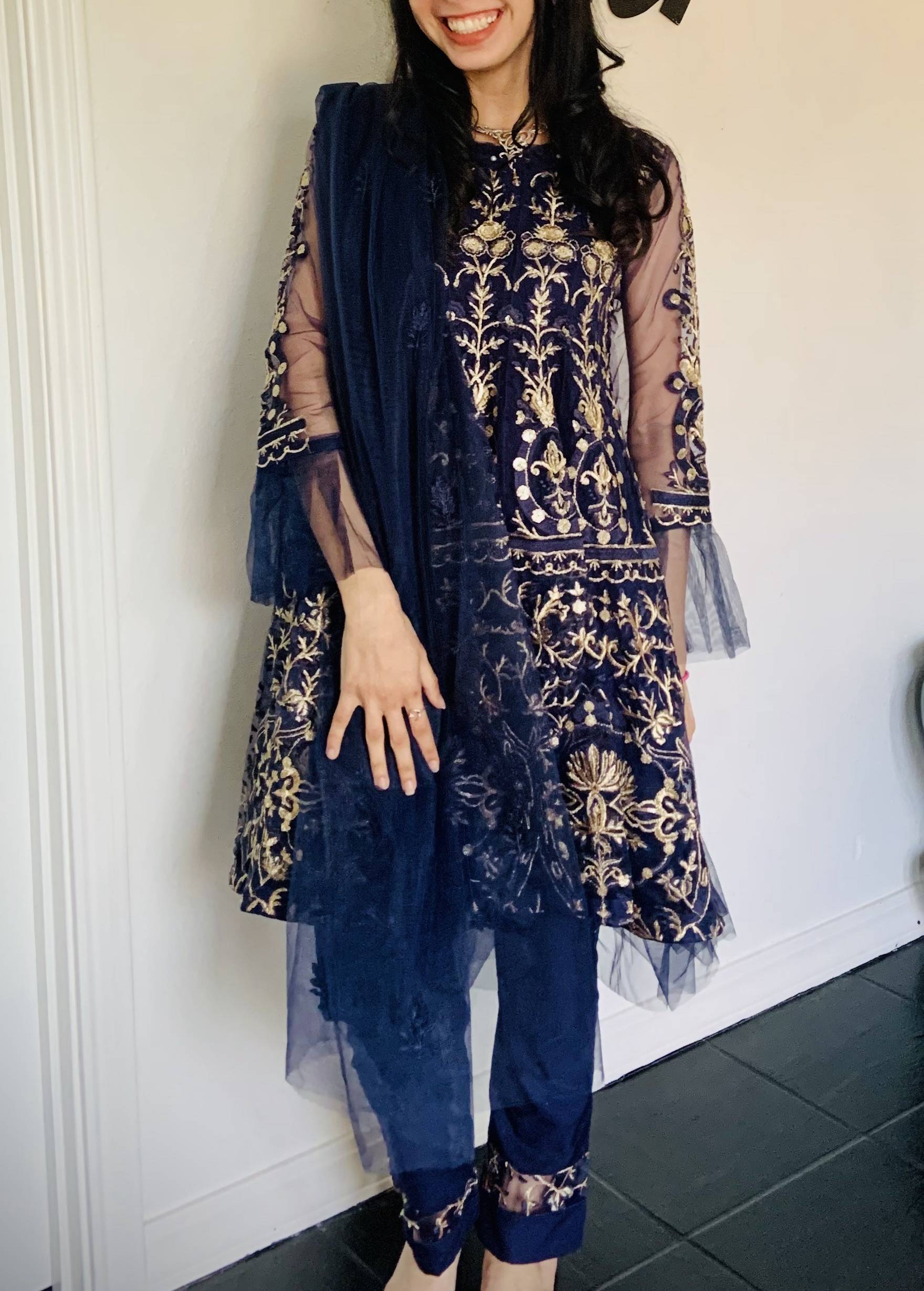 Navy Embroidered Kurta Set Image - 1
