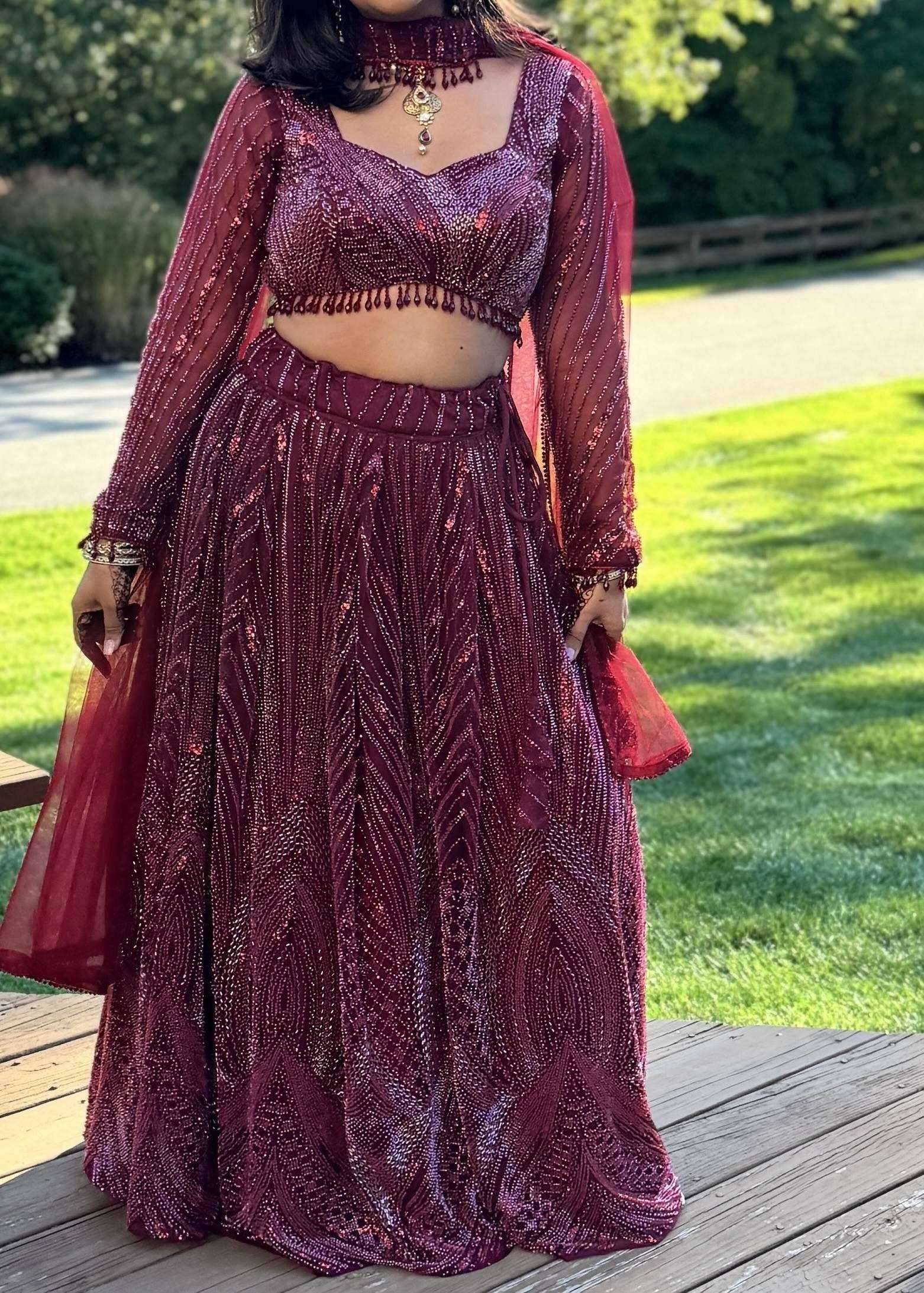 Long Sleeve Sparkly Red Lehenga Image - 2