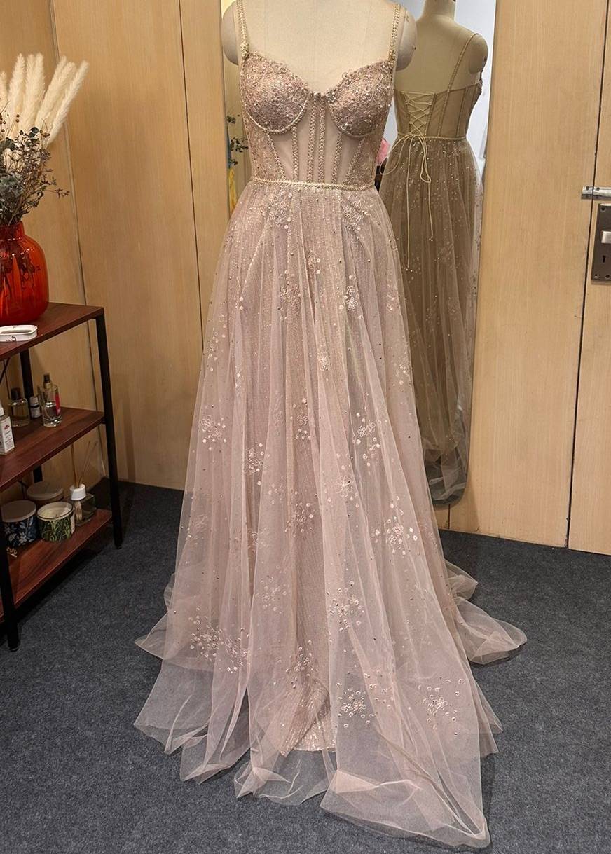 Nude Embroidered Tulle Gown Image - 0