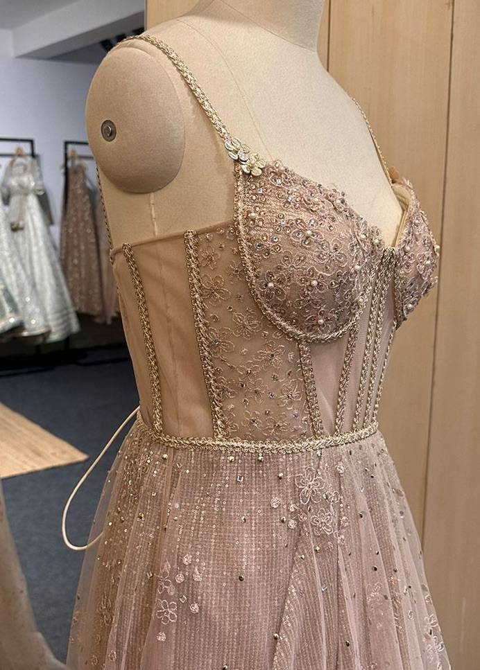 Nude Embroidered Tulle Gown Image - 1