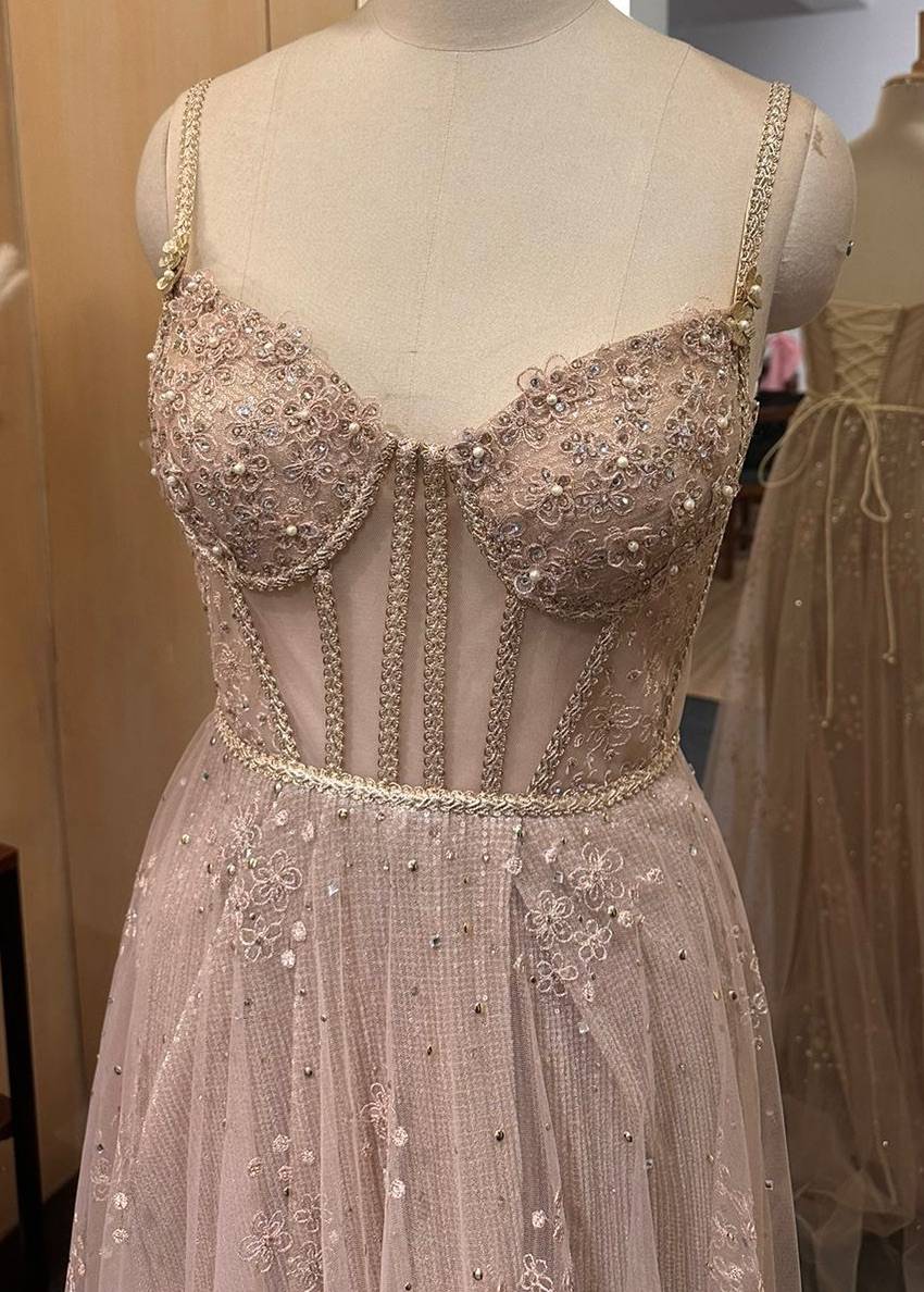 Nude Embroidered Tulle Gown Image - 2