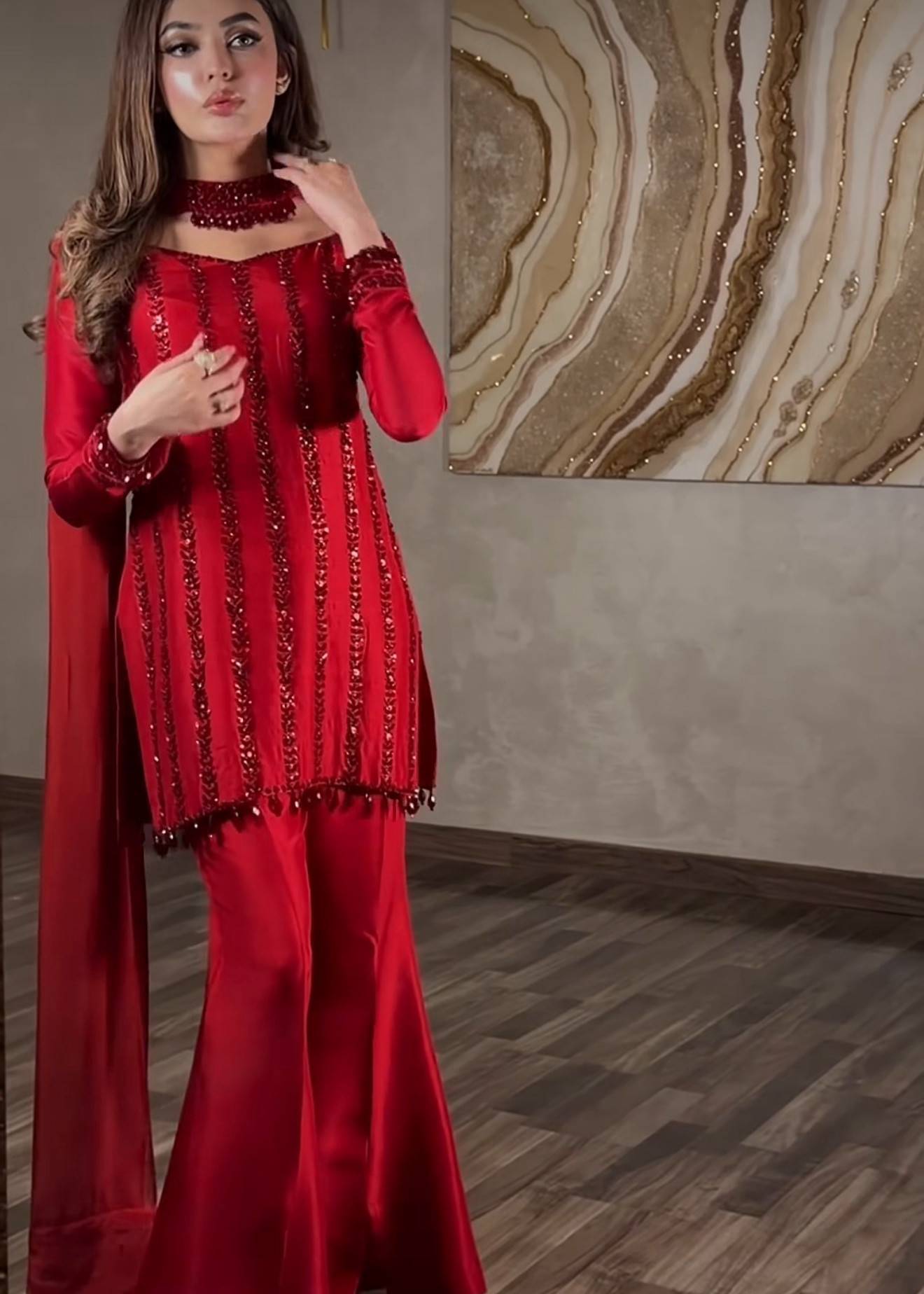 Red Flare Pant Kurta Set Image - 1