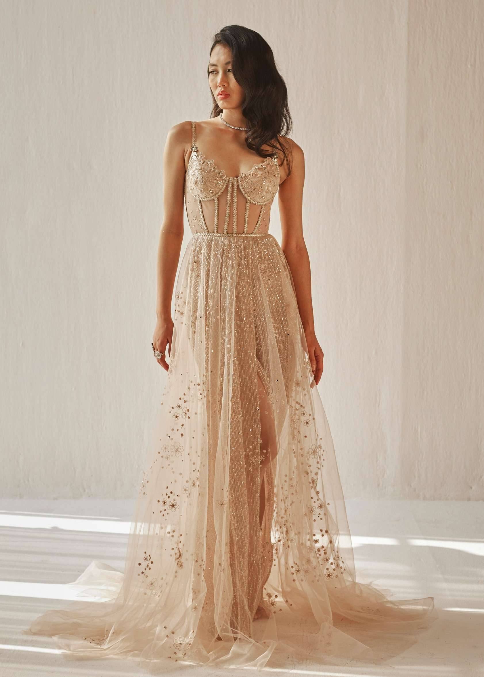 Nude Embroidered Tulle Gown Image - 3