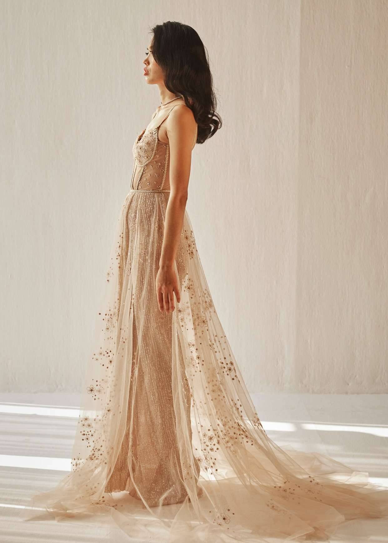 Nude Embroidered Tulle Gown Image - 4