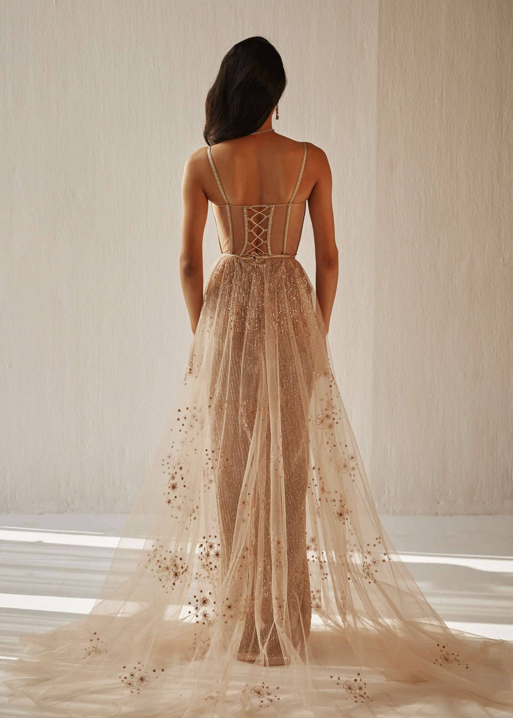 Nude Embroidered Tulle Gown Image - 5