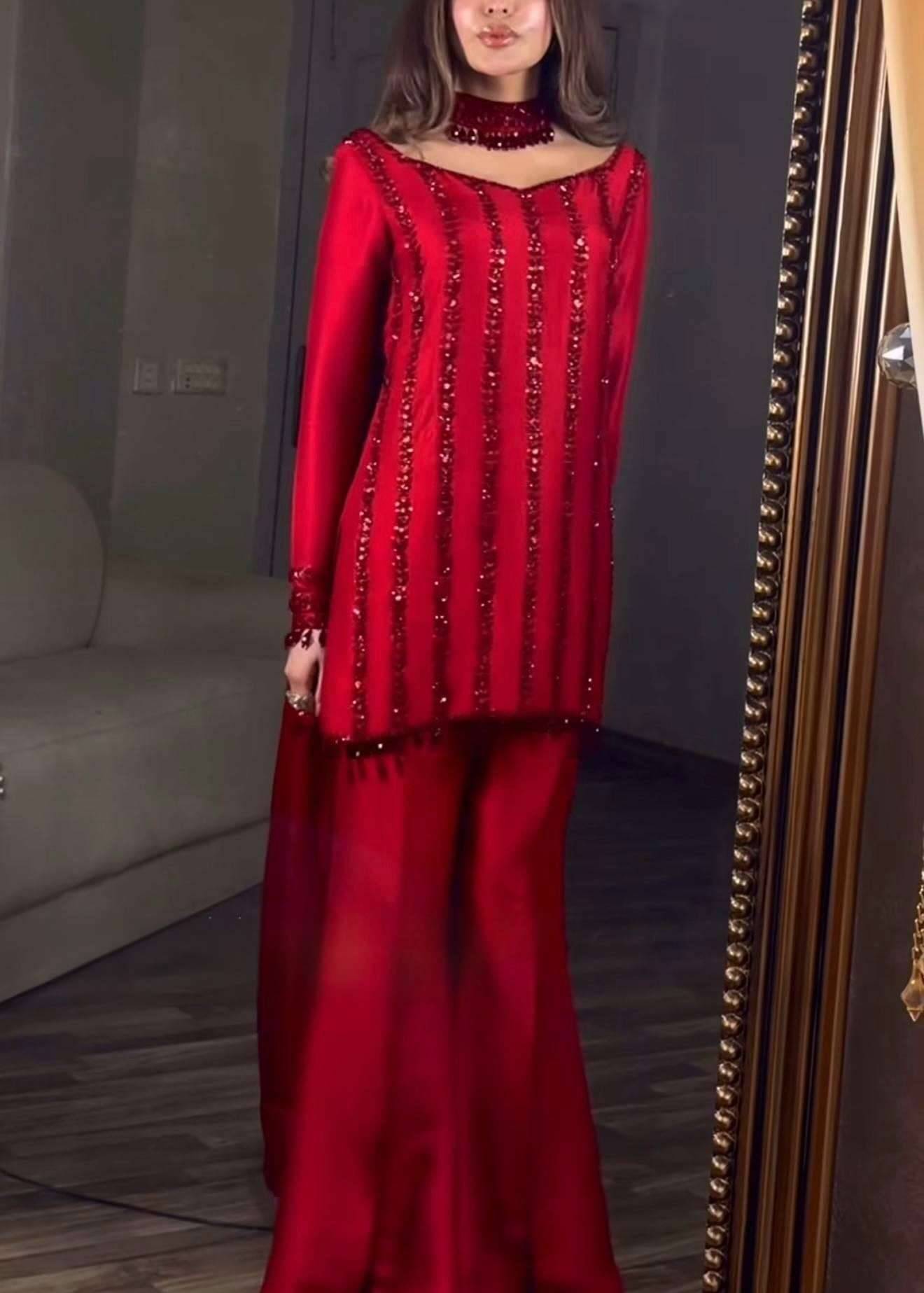 Red Flare Pant Kurta Set Image - 0