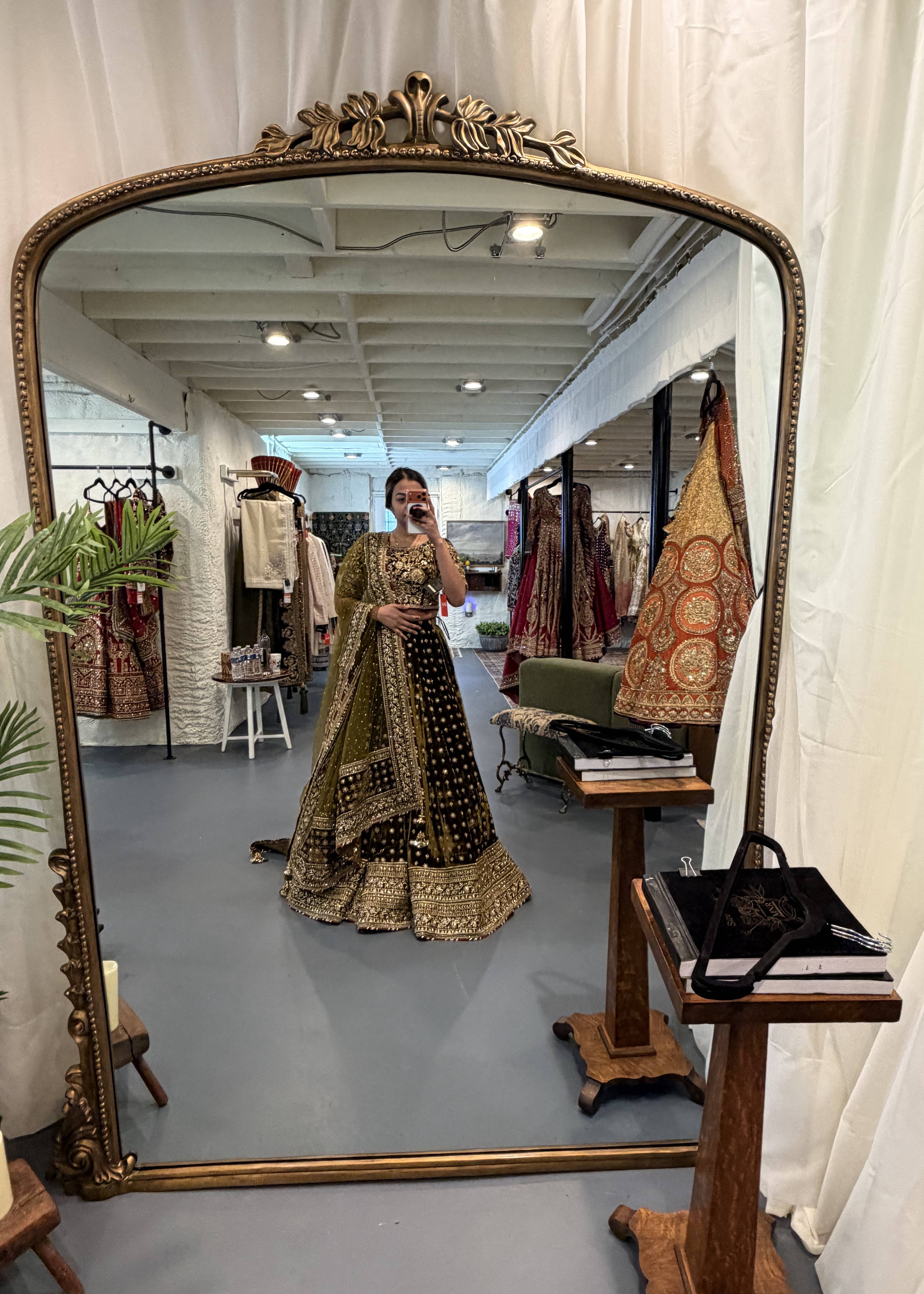Olive Green Velvet Lehenga Image - 2