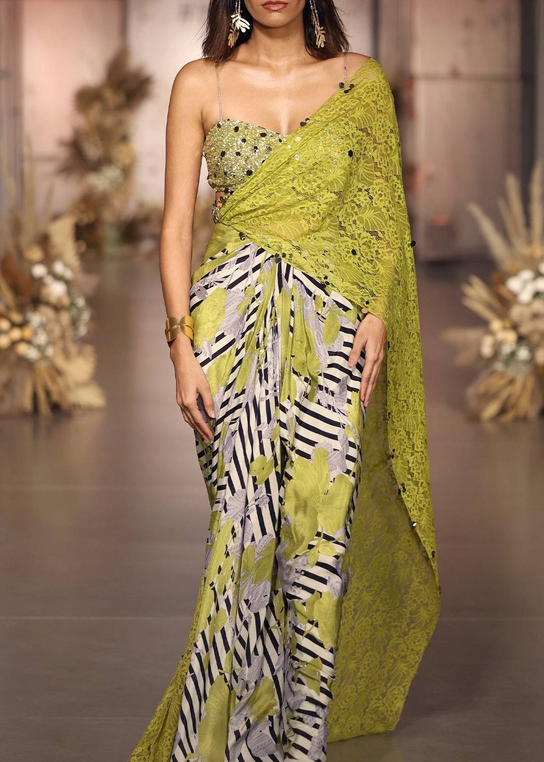 Mixed Print and Lace Pre-Draped Sari Image - 0