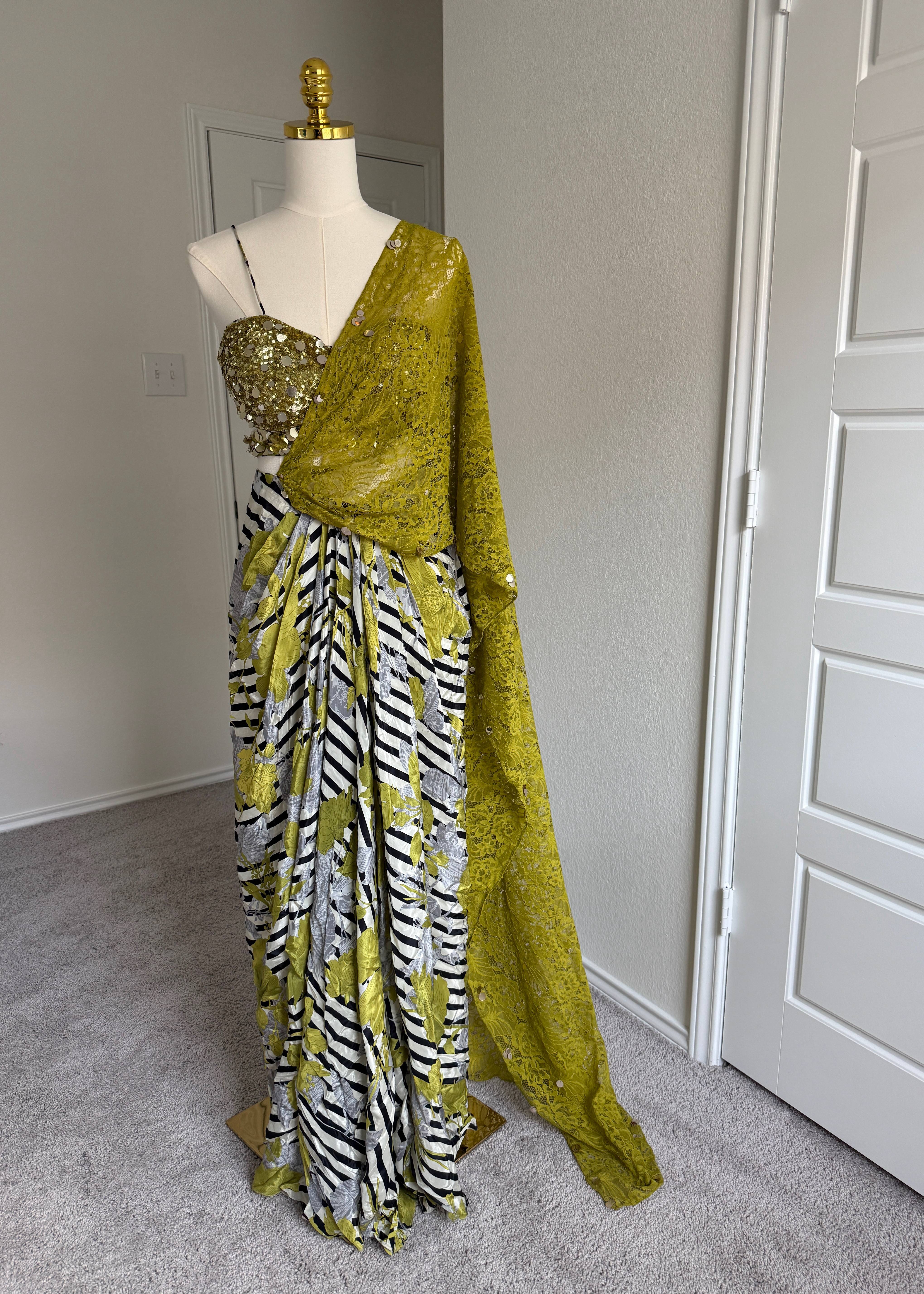 Mixed Print and Lace Pre-Draped Sari Image - 1