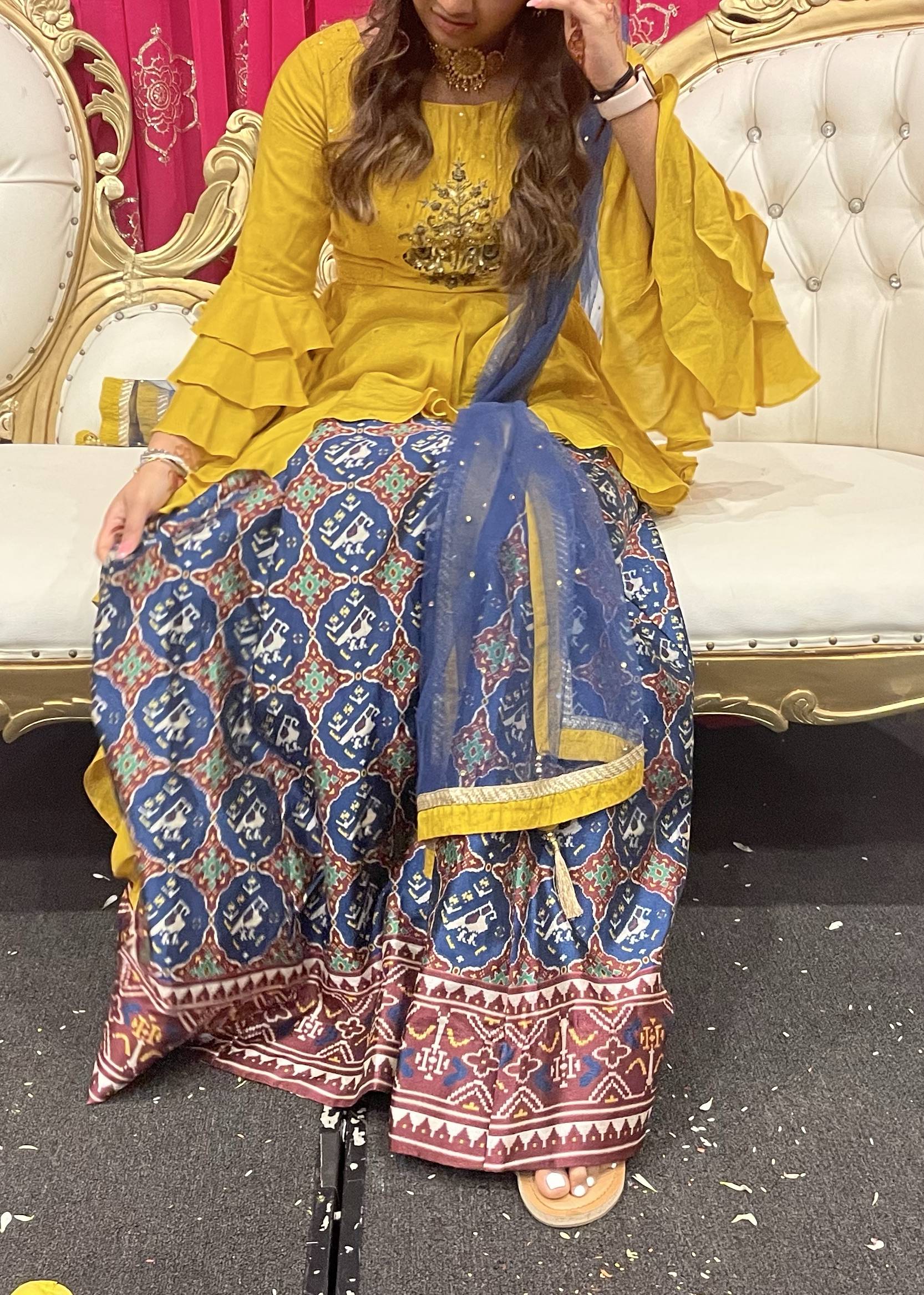 Yellow Mixed Print Lehenga Image - 2