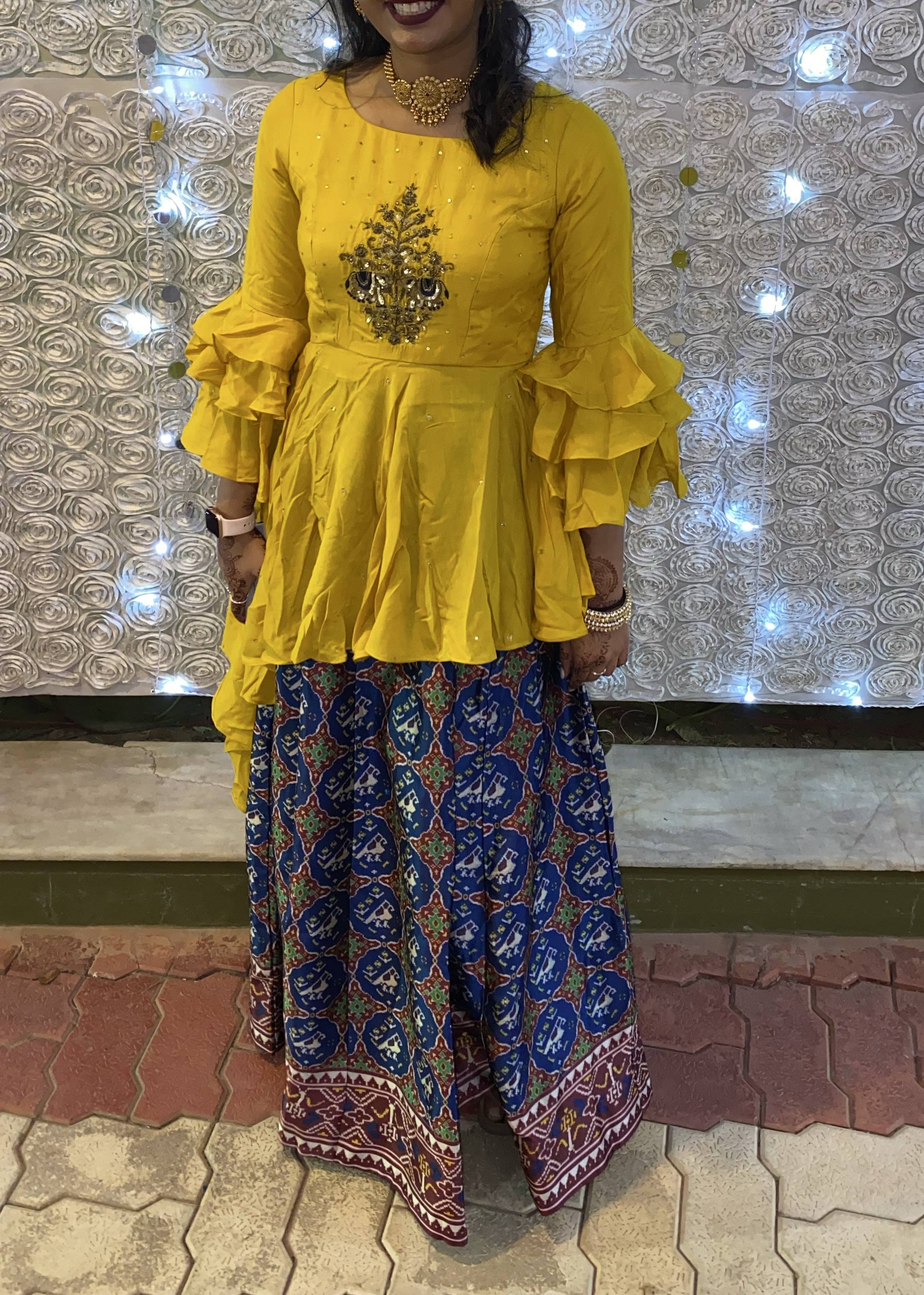 Yellow Mixed Print Lehenga Image - 0