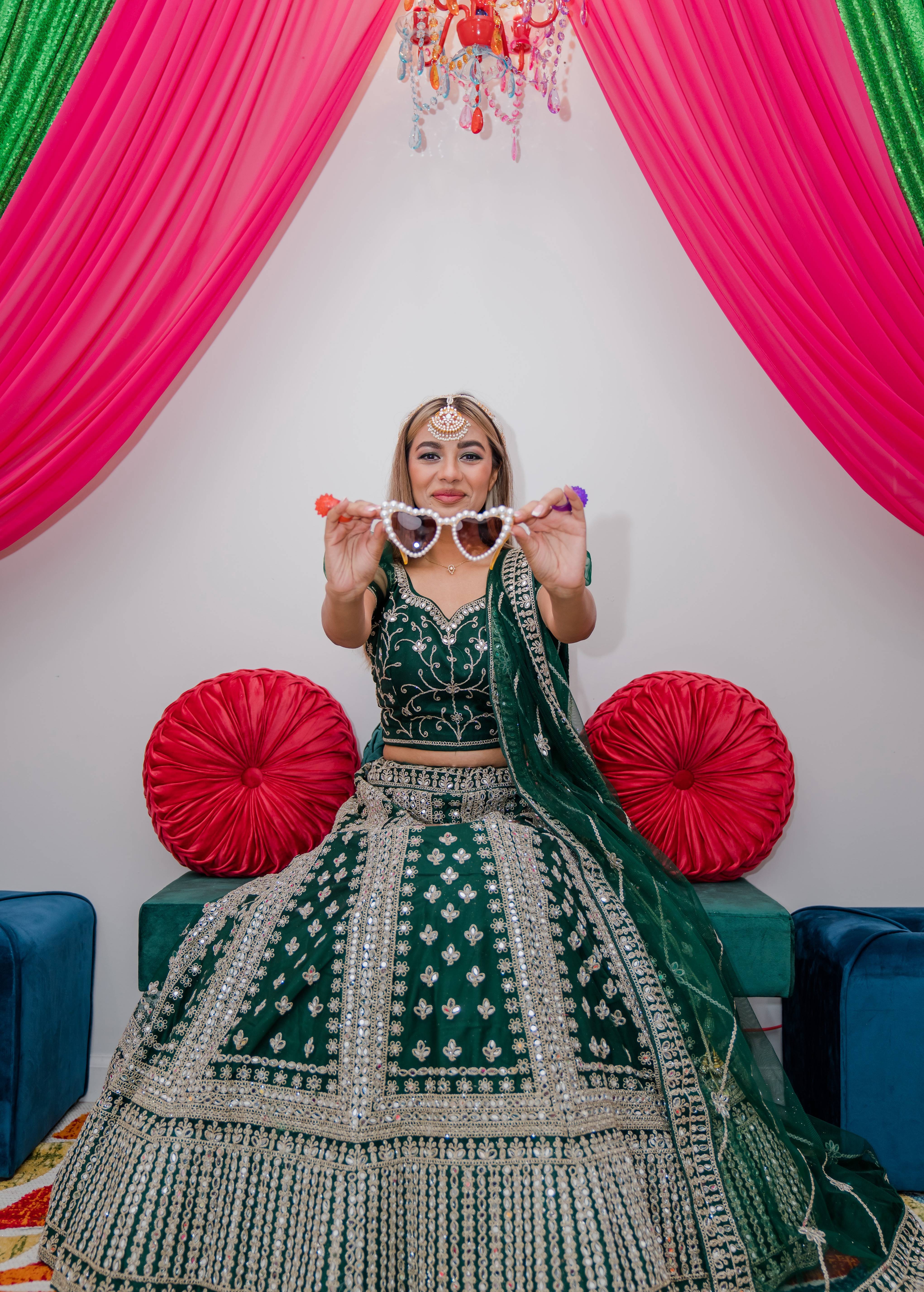 Green mirror work net Lehenga Image - 1