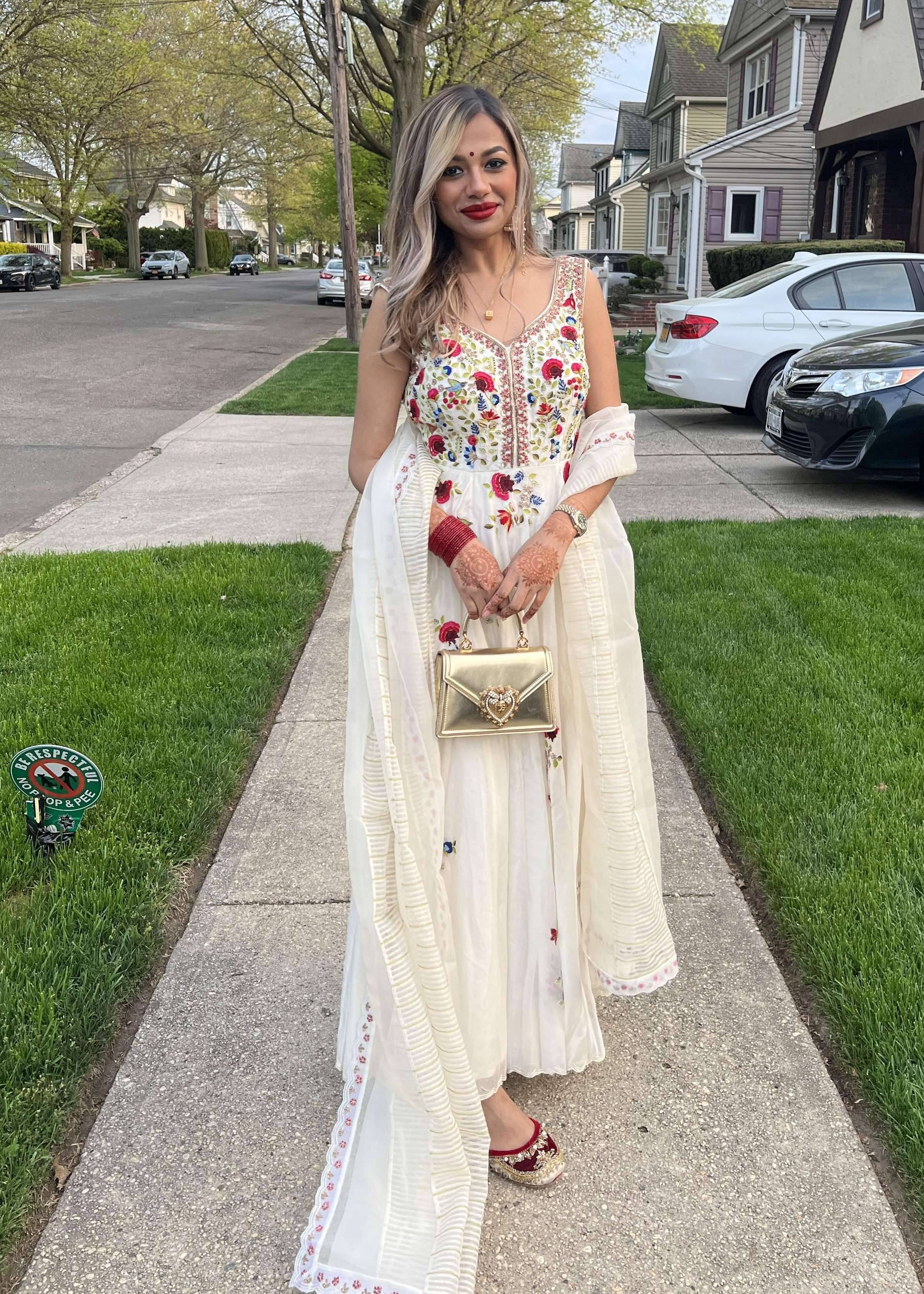 White Floral Print Anarkali Image - 1