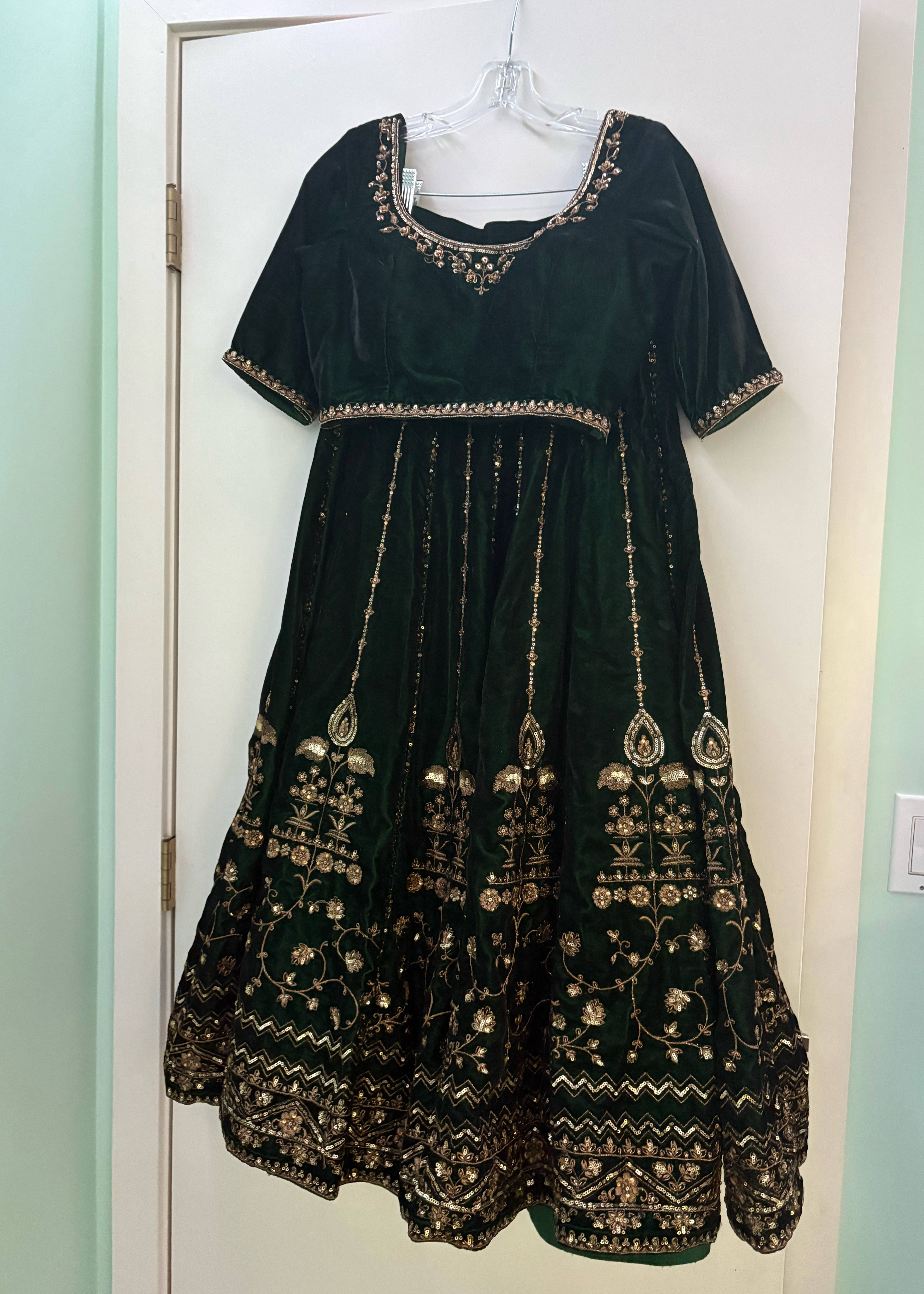 Bottle Green Embroidered Velvet Lehenga Image - 3
