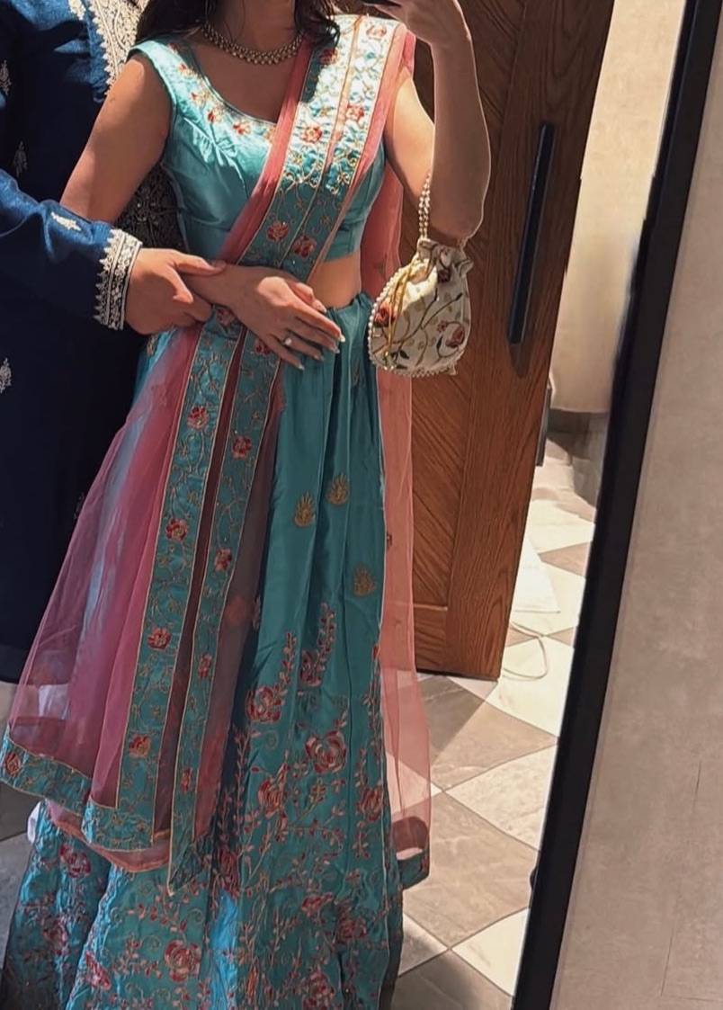 Pink & Blue Floral Lehenga Image - 0