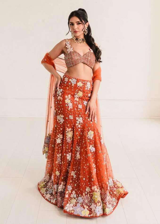 Orange Floral Mermaid Lehenga Image - 0