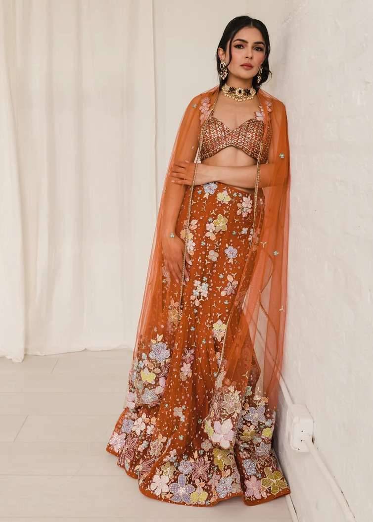 Orange Floral Mermaid Lehenga Image - 1