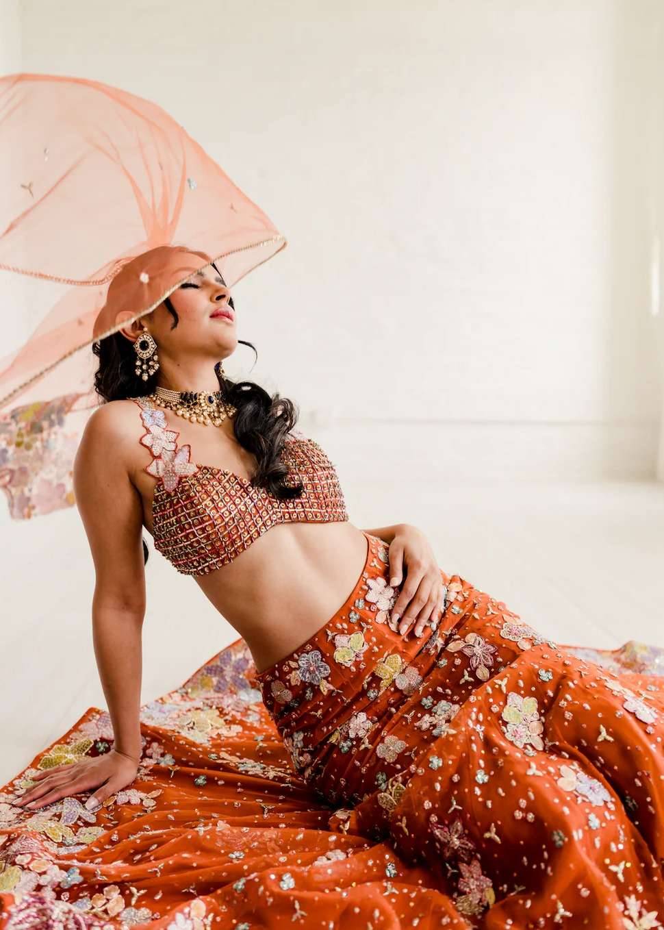 Orange Floral Mermaid Lehenga Image - 2