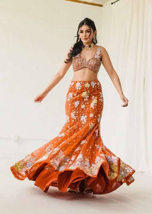 Orange Floral Mermaid Lehenga Image - 3