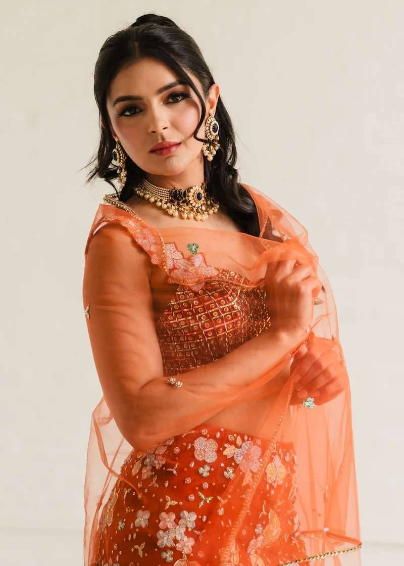 Orange Floral Mermaid Lehenga Image - 5