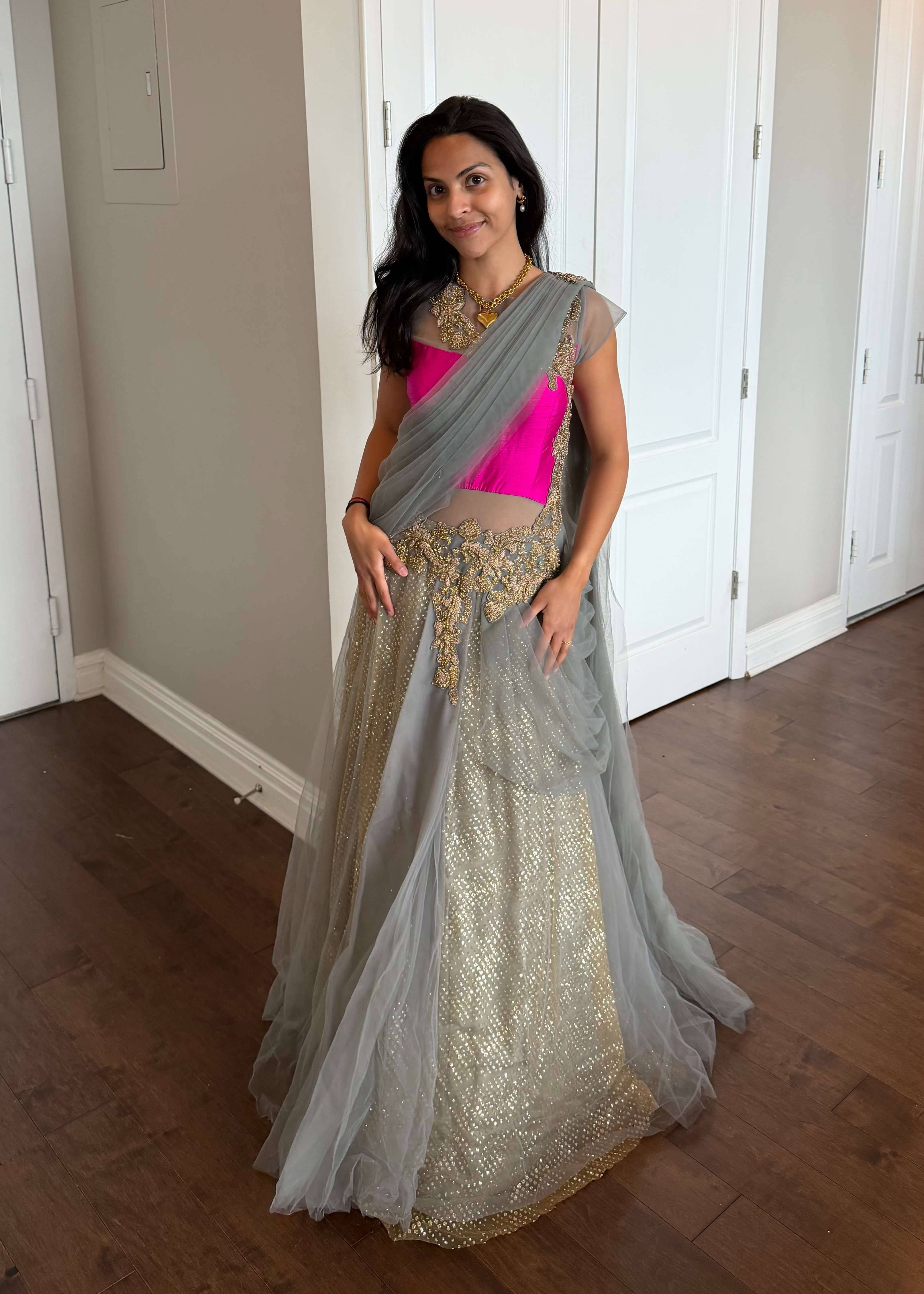 Grey and Hot Pink Sari Gown Image - 0