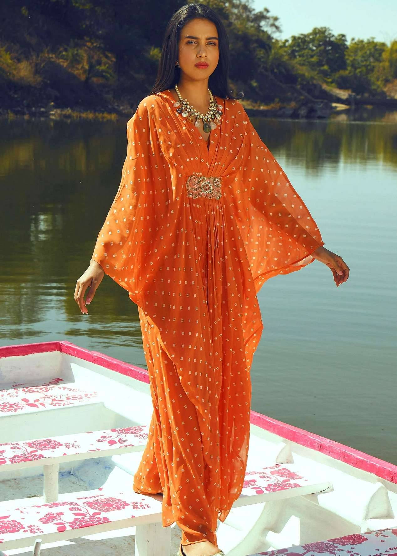 Orange Printed Kaftan Image - 0