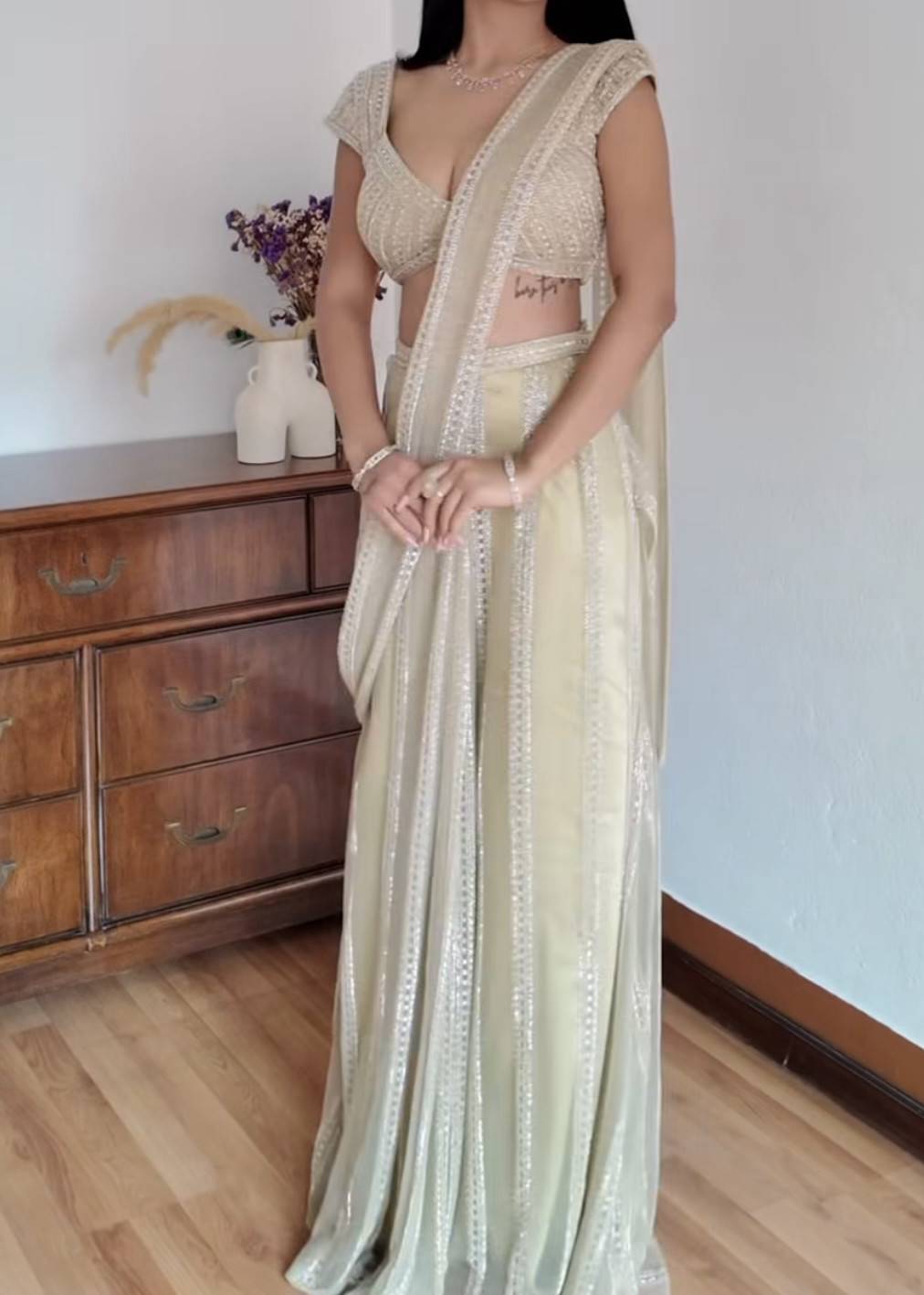 Pastel Green Pre-Draped Sari Image - 0