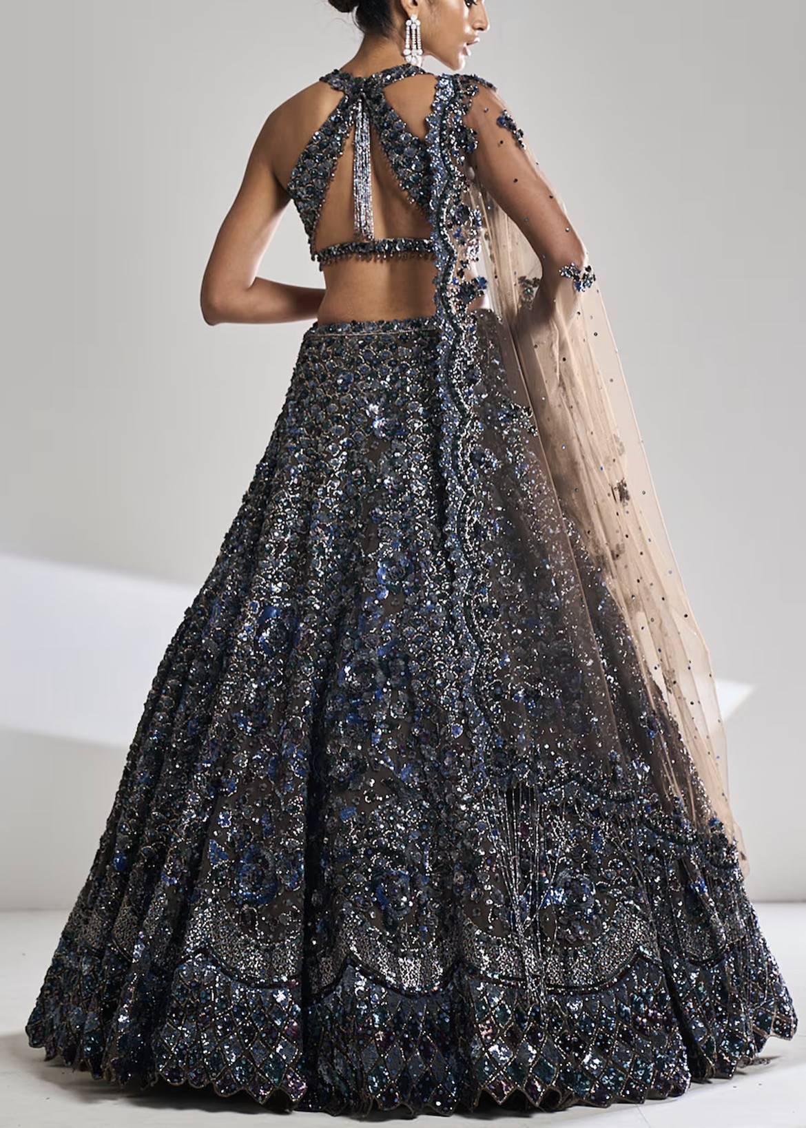 Brown and Blue Embellished Lehenga Image - 3