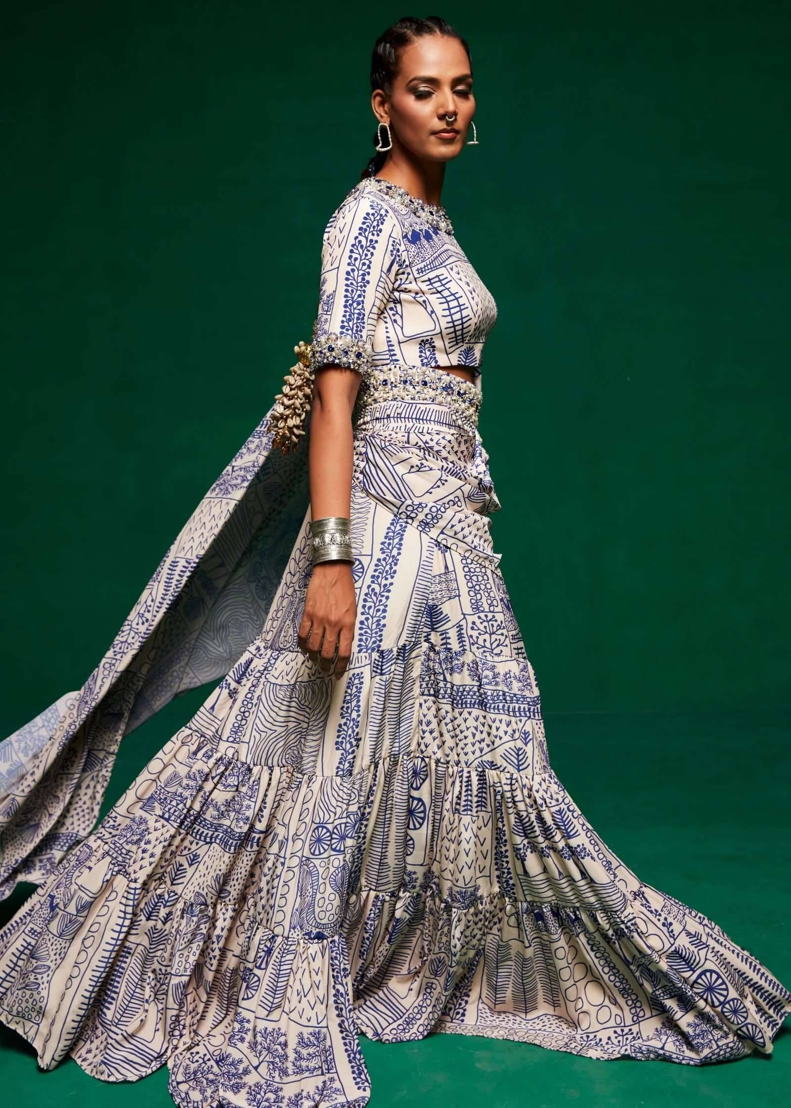 Off-White and Blue Pre-Draped Ruffle Sari Image - 4