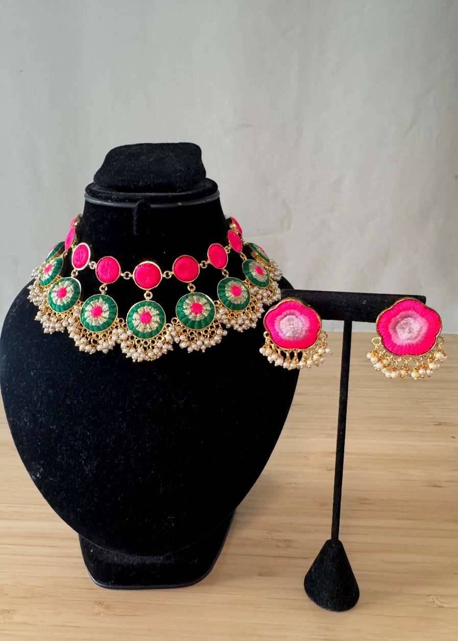 Green and Pink Threadwork Haldi Choker Set Image - 0