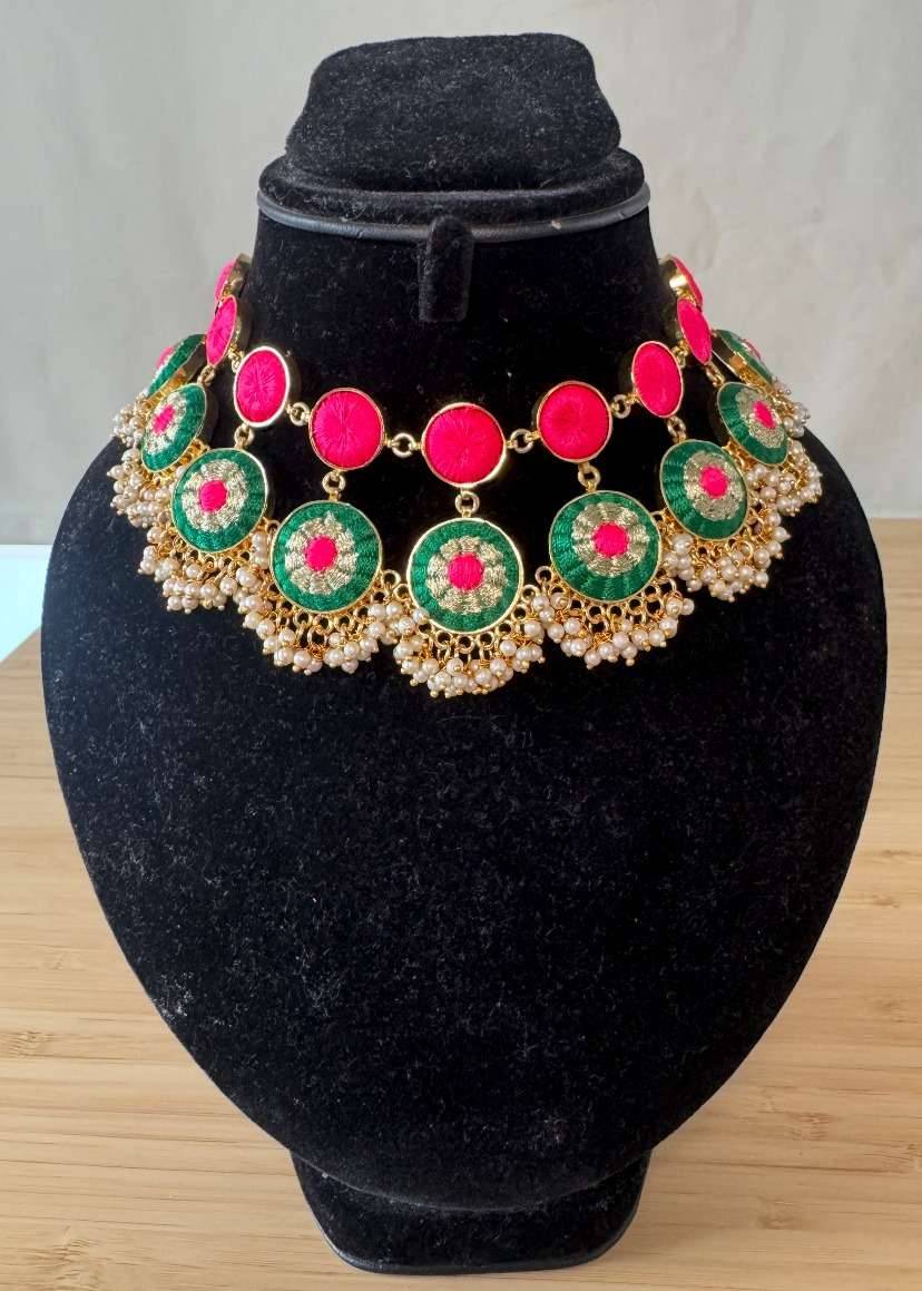 Green and Pink Threadwork Haldi Choker Set Image - 2
