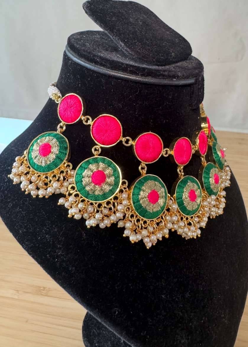 Green and Pink Threadwork Haldi Choker Set Image - 4