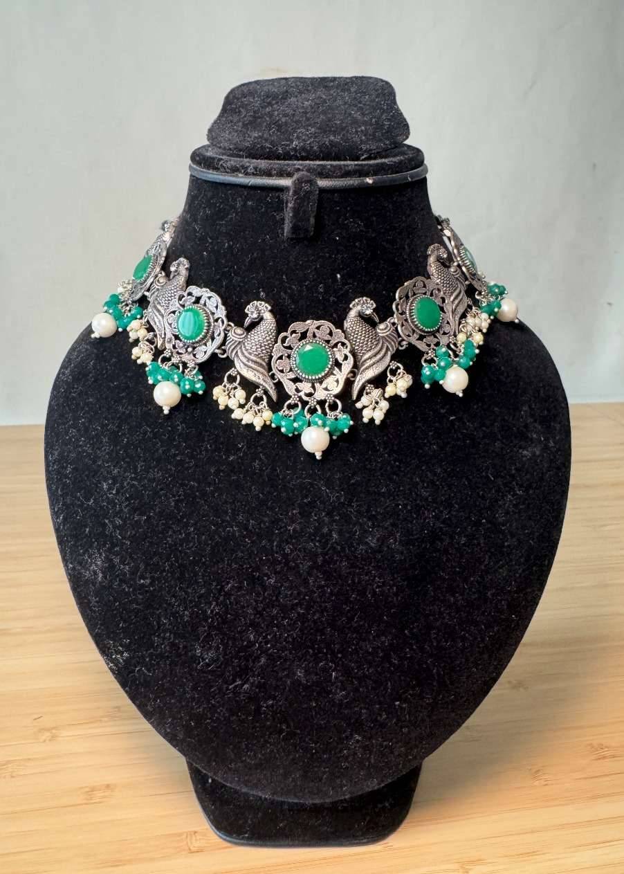 Peacock Green Oxidized Choker Image - 0