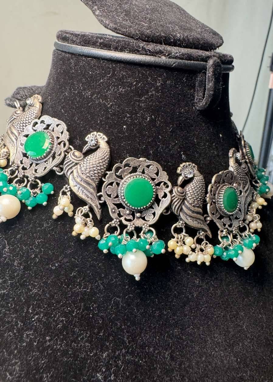 Peacock Green Oxidized Choker Image - 1