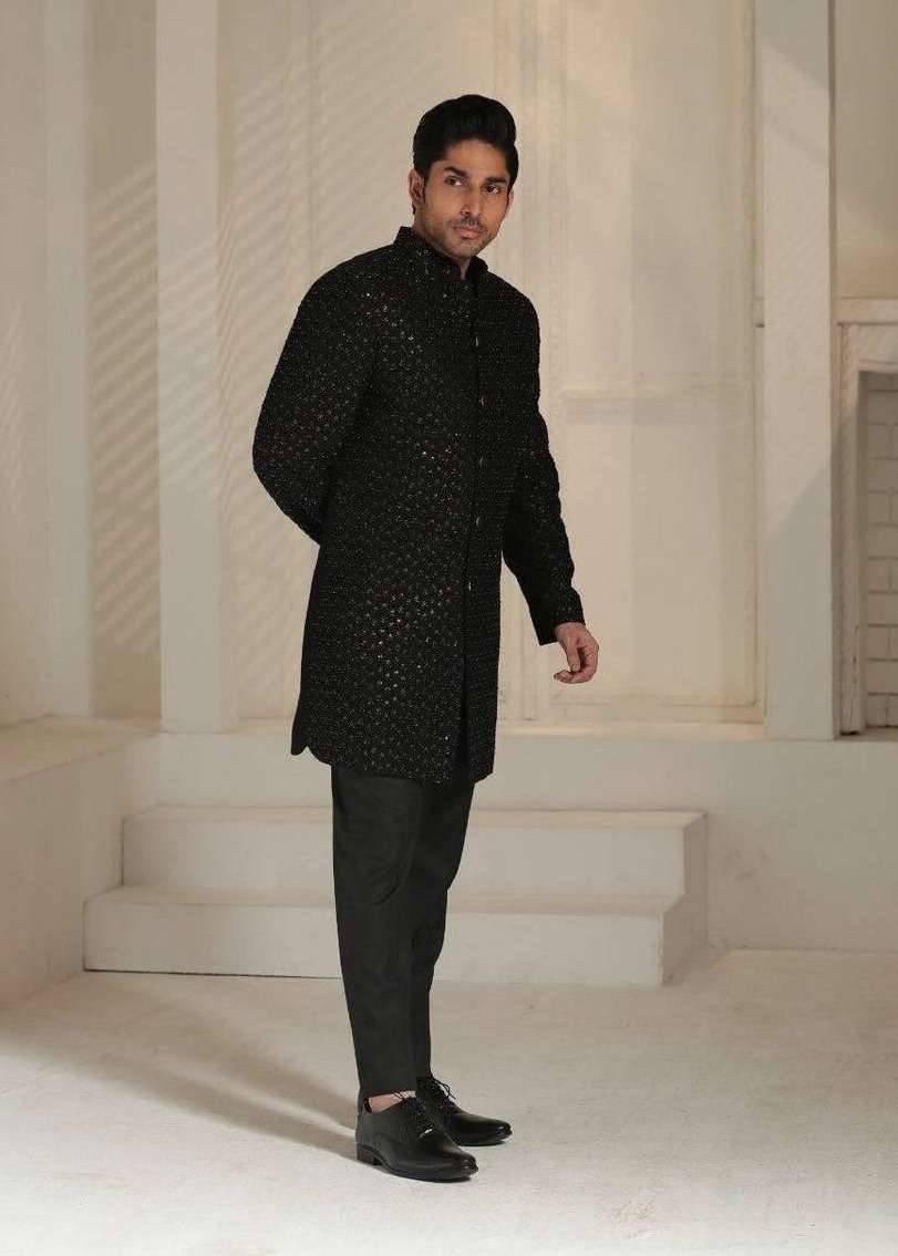  Black Golden Leaf Sherwani Image - 1