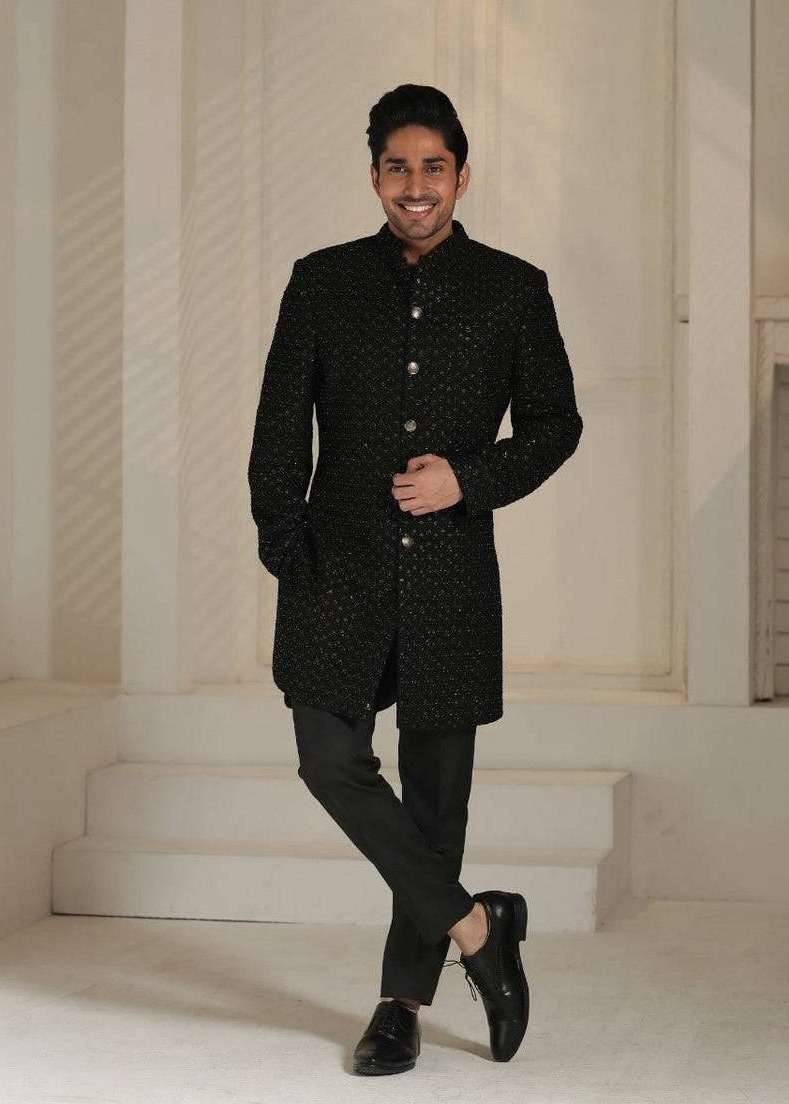  Black Golden Leaf Sherwani Image - 2