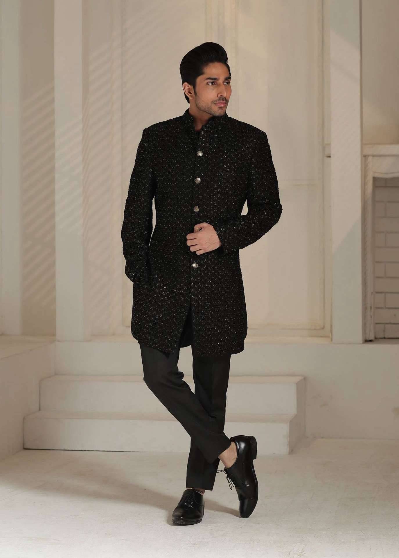  Black Golden Leaf Sherwani Image - 3