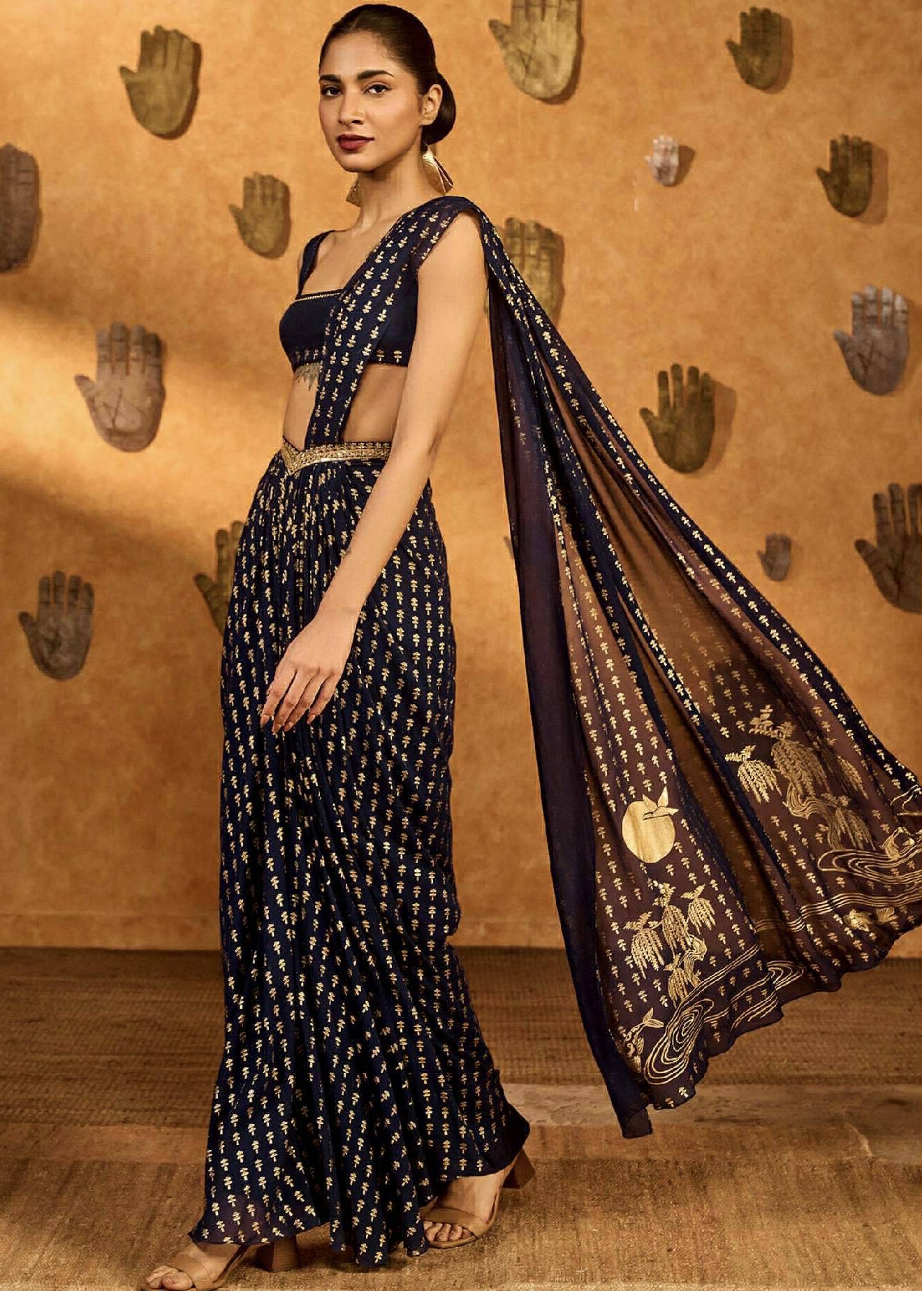 Navy Pre-Stitched Sari Image - 1