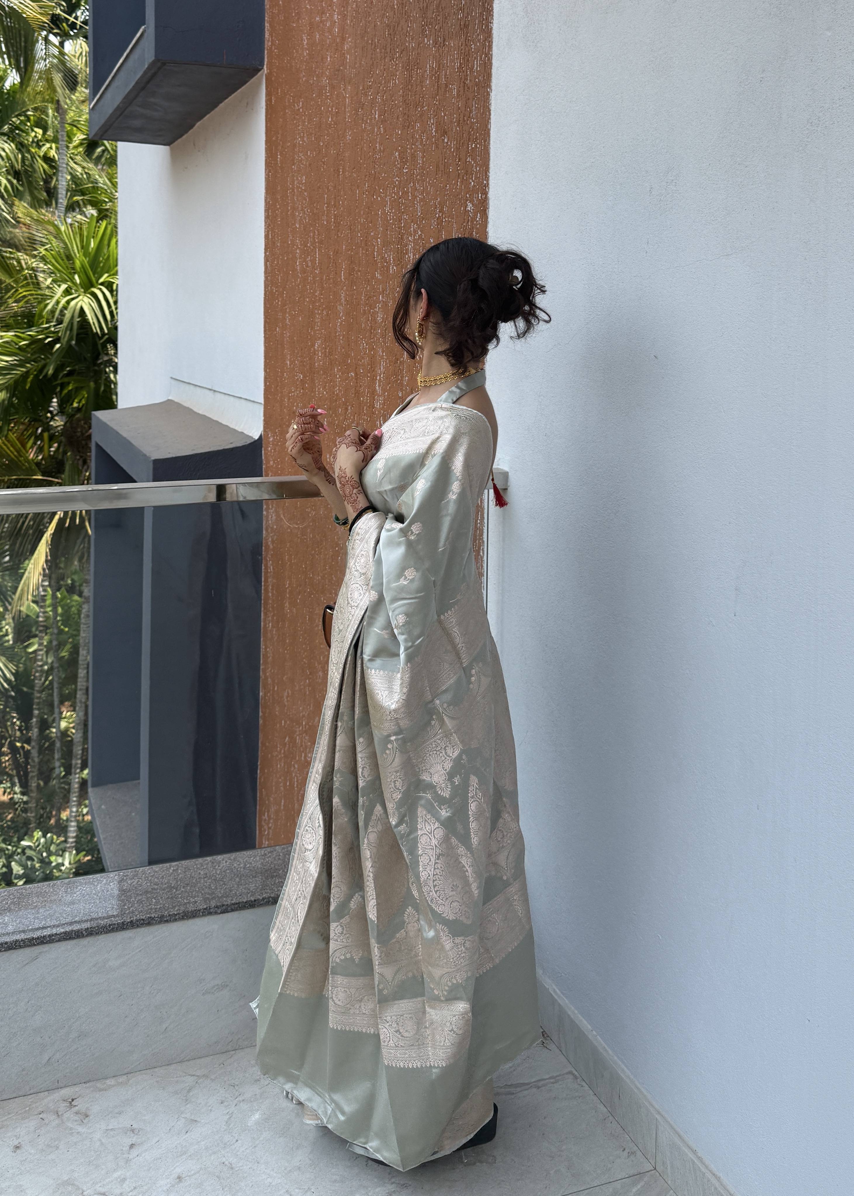 Gray Halter Neck Saree Image - 2